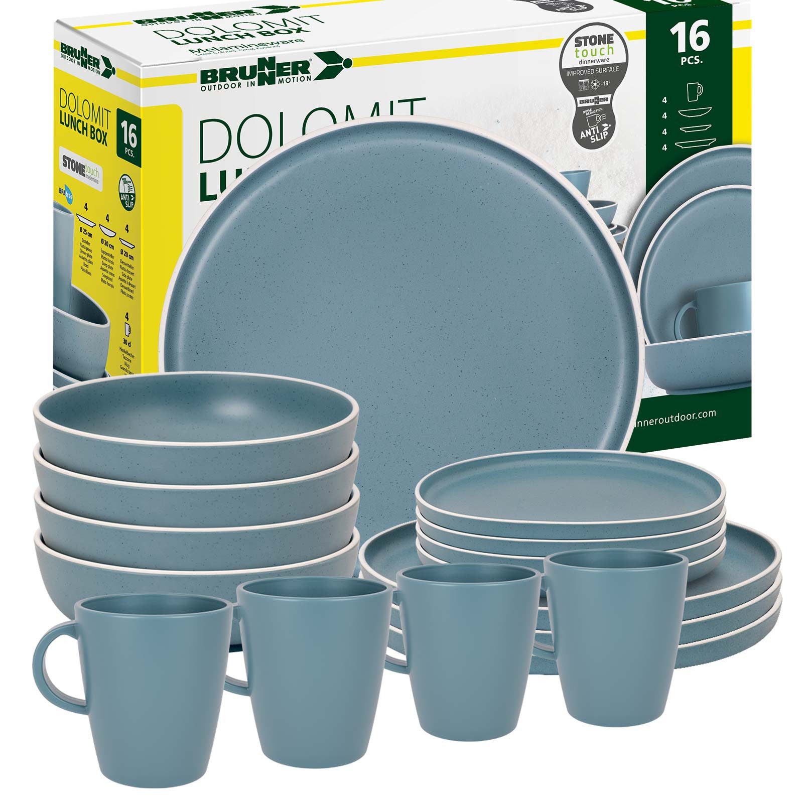 BRUNNER Geschirr-Set BRUNNER Camping Geschirrset DOLOMIT (12, 16, 36-tlg) BLAU AntiSlip (16-tlg)