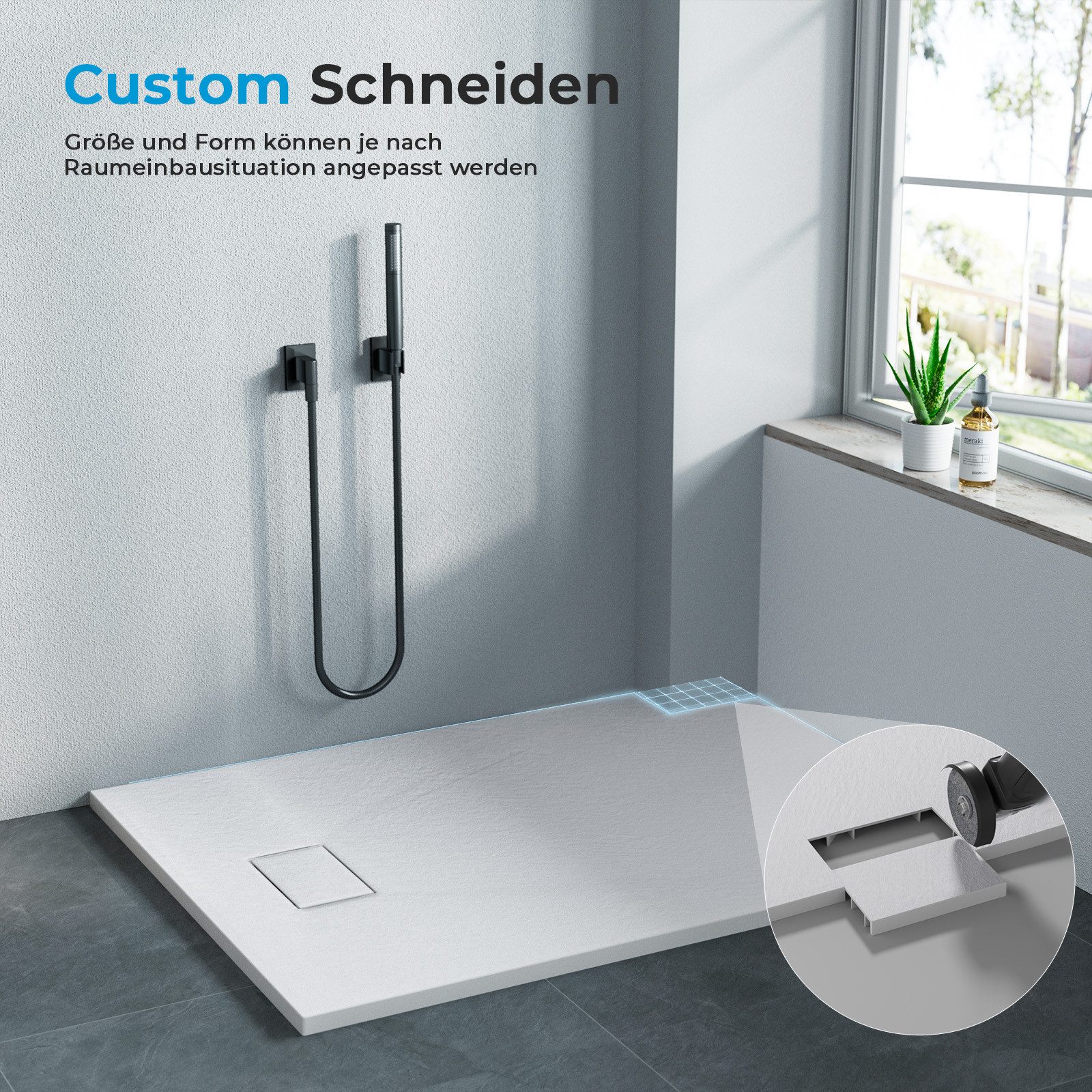 Heilmetz Duschwanne Duschtasse Rutschfestes Design mit Steinoptik Extraflach Brausetasse, Quadratisch, SMC, Schneidbar, Eckduschwanne 90 x 90 cm, 80 x 80 cm – Bild 4 von 5