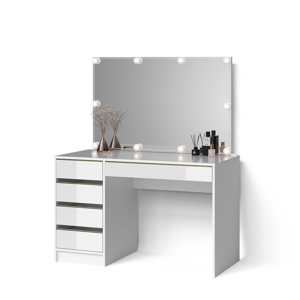 Schminktisch Imola, Weiß/Gold/Gold, 120 cm mit LED Beleuchtung