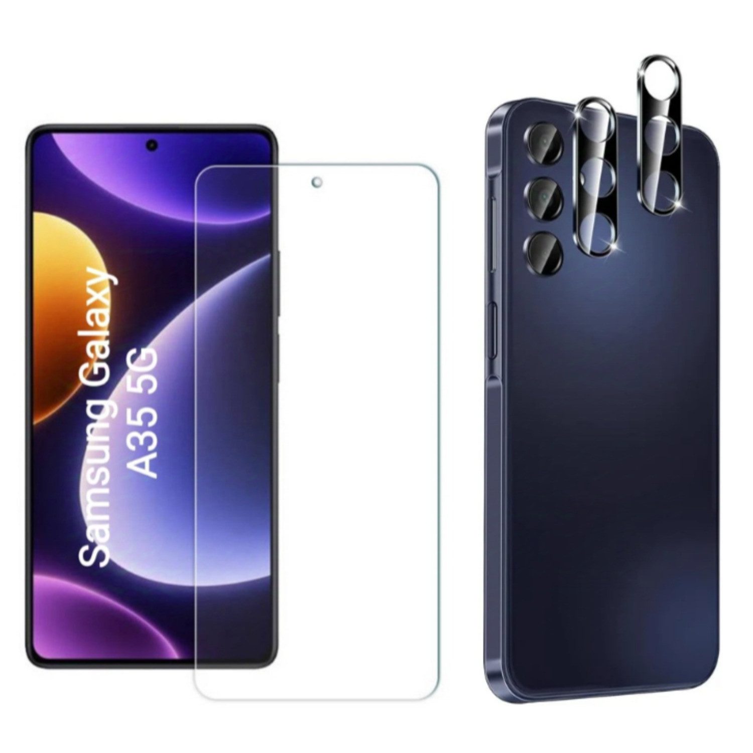 CLM-Tech Displayschutzglas 2in1 Schutzfolie für Samsung Galaxy A35 5G Panzerfolie Kameraschutz für Samsung Galaxy A35 5G, 1x Kameraglas 1x Panzerglas Displayschutz 9H Glas, 2 Stück, Kristallklar