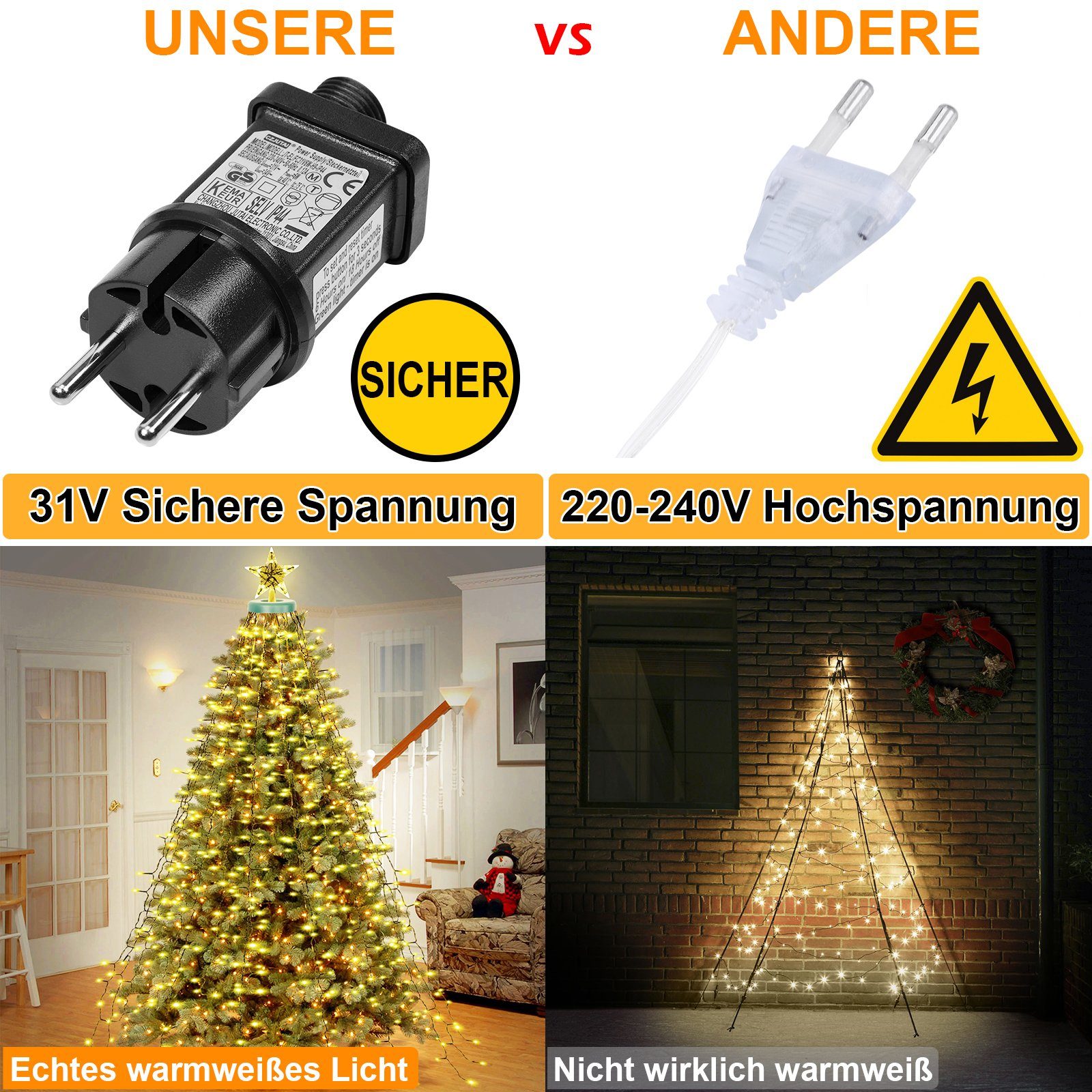 Rosnek LED-Lichterkette 31V, 16 Stränge, 8 Modi, Timer, Speicherfunktion, für Weihnachtsbaum, 400-flammig, Dachgarten Deko, 1.75/3M, 400/480LEDs