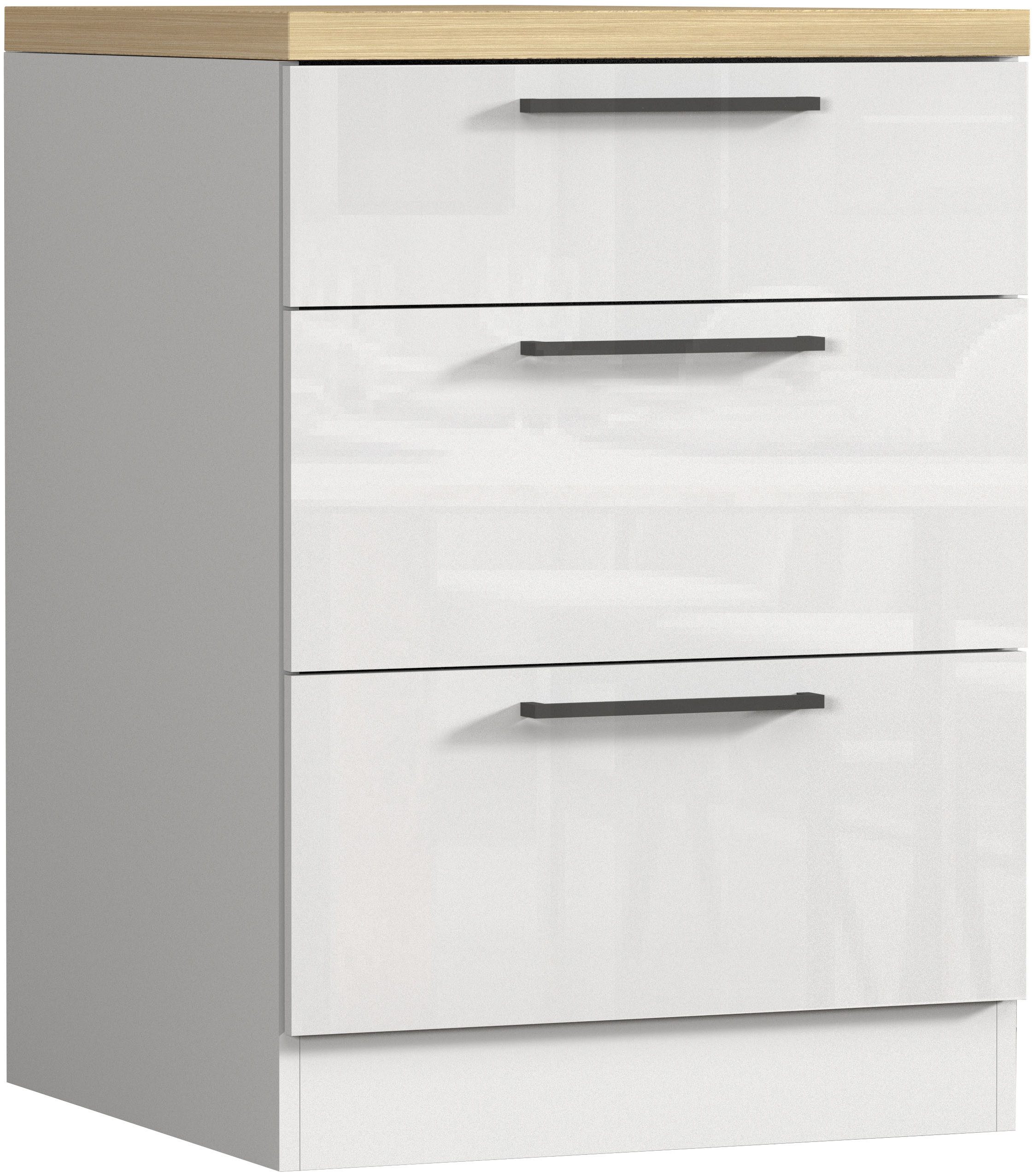 KOCHSTATION Unterschrank Luna, Küchenunterschrank, Unterschrank mit Schubladen, Made in Italy B/T/H: 60 × 60 × 85 cm, mit 3 Schubkästen, 3,5 cm starke Oberplatte