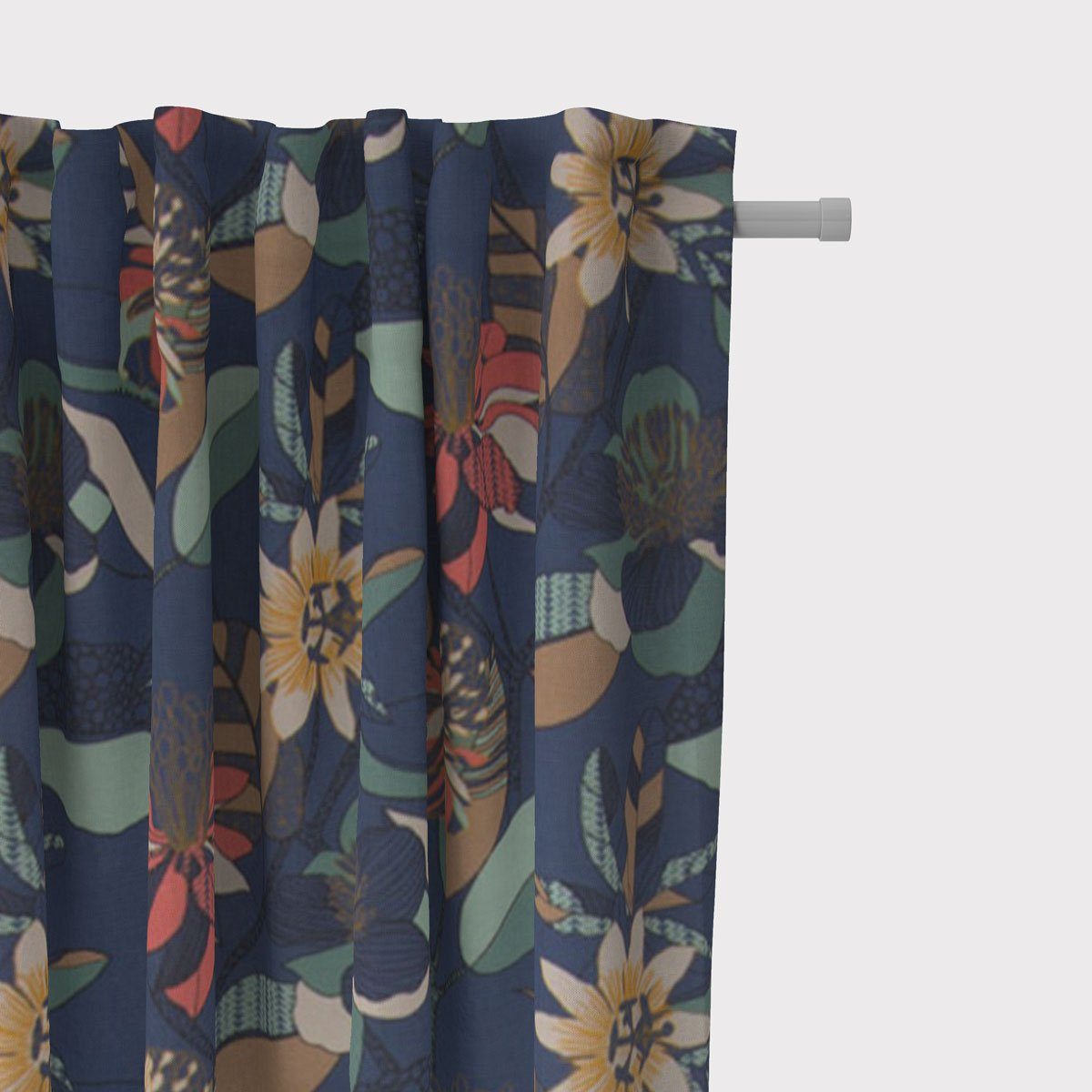 SCHÖNER LEBEN. Vorhang Vorhangstoff Meterware große Blumen blau bunt oder Länge wählbar 245cm, Smokband, blickdicht, Baumwolle, handmade