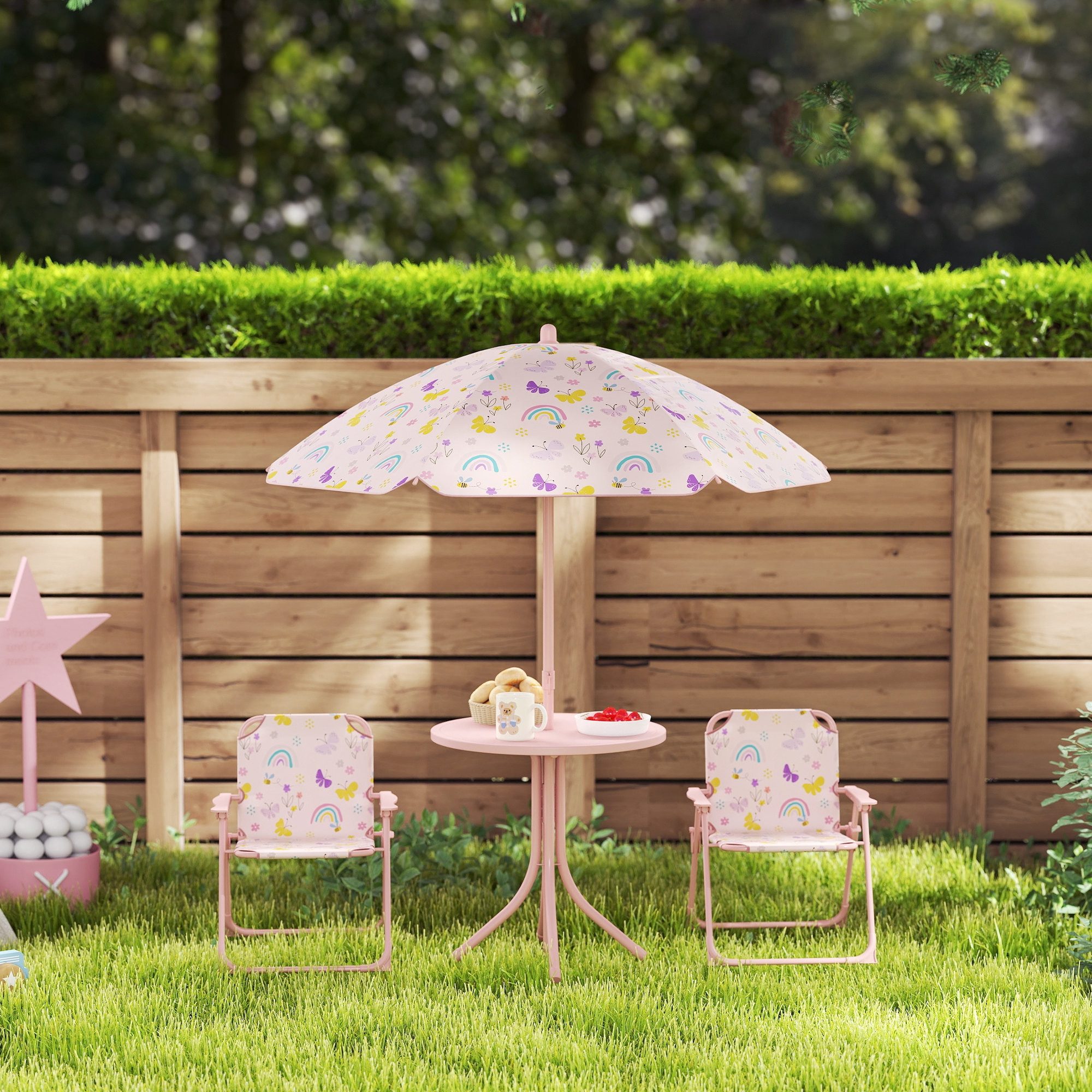 MC Star Garten-Kindersitzgruppe Kinder-Sitzecke, Klappstuhl-Sitz-Set, (mit Sonnenschirm, Buntes Muster, Rosa)