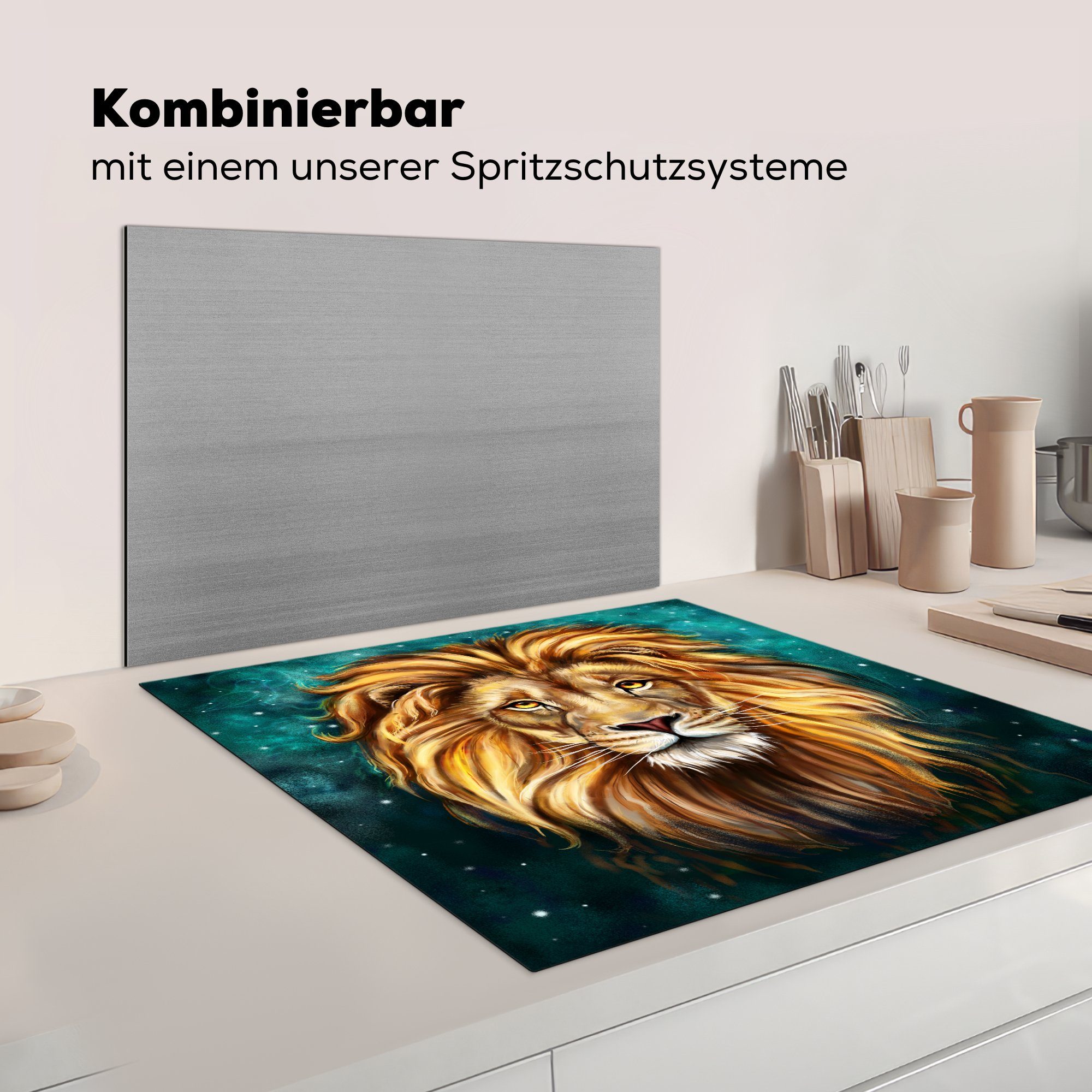 für Gemälde cm, küche Löwe Sternenhimmel, tlg), 78x78 (1 Ceranfeldabdeckung, MuchoWow - Arbeitsplatte Herdblende-/Abdeckplatte - Vinyl,