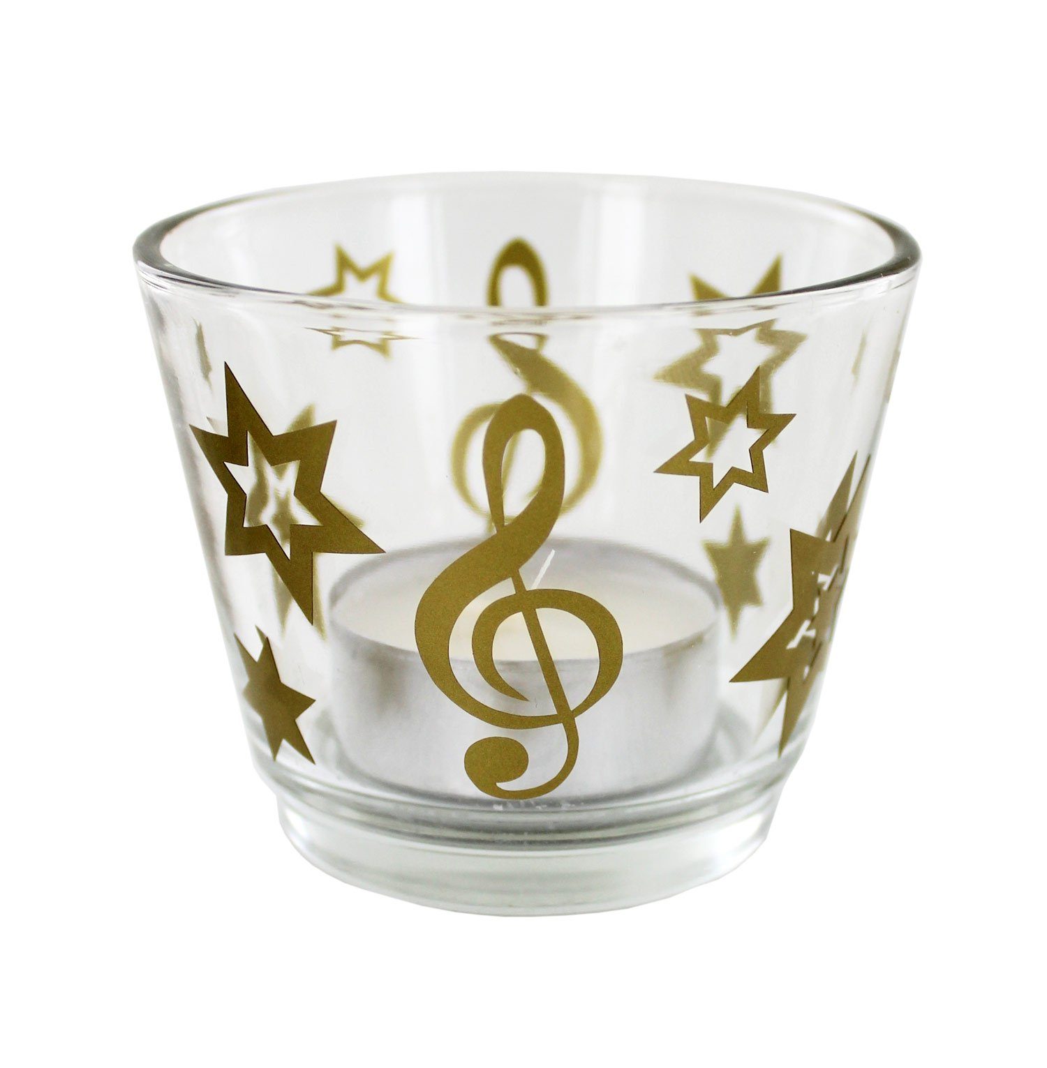 mugesh Tischkerzenhalter Glas-Windlicht Violinschlüssel / Notenschlüssel mit Sternen, für Musiker gold