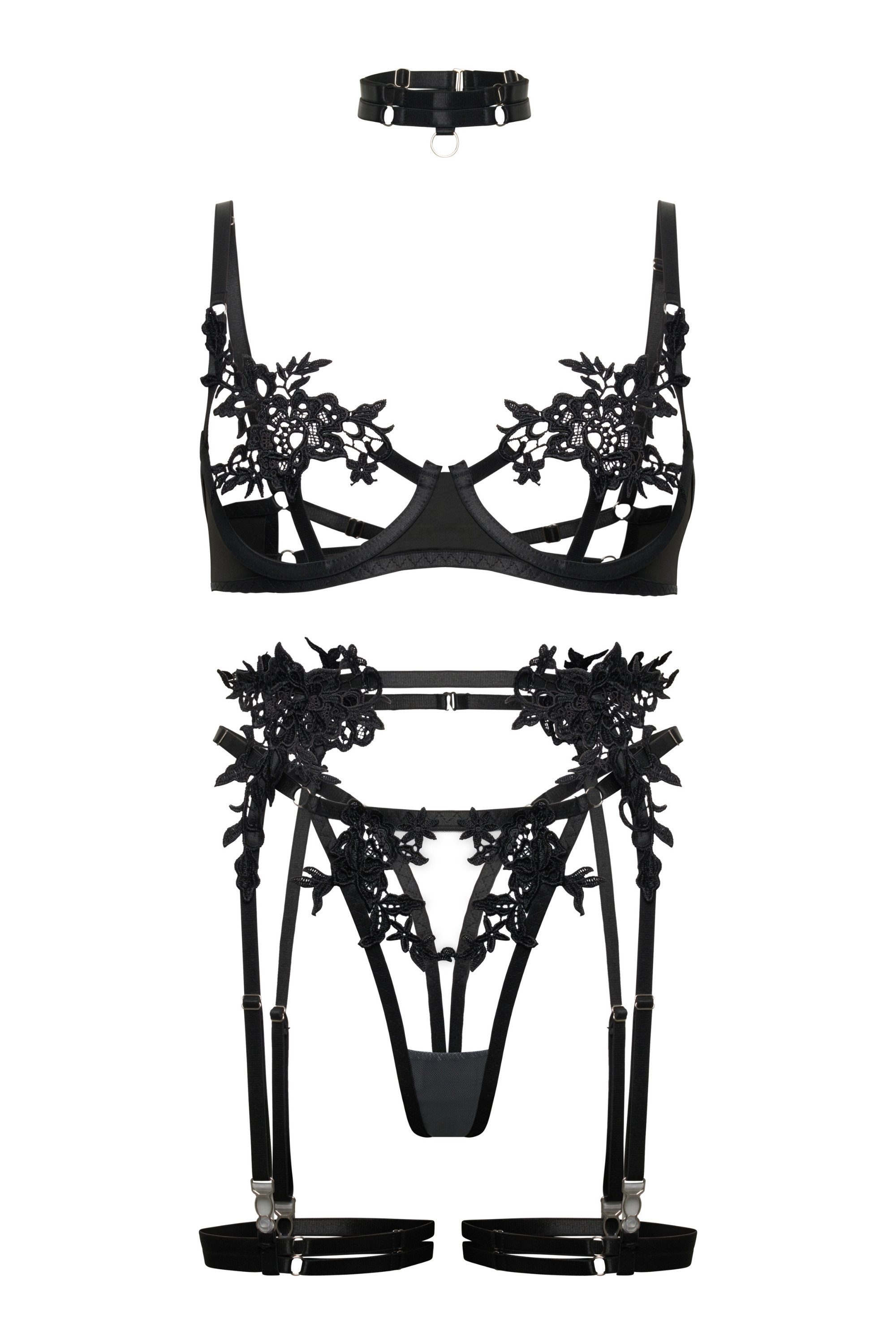 Elegant Love Set: Ouvert-BH Reizwäsche Lingerie mit besticktem Meshdesign – Sexy Dessous Set (Set, 5-tlg., BH, Strapsgürtel, Tanga, Halsring, Beinbänder) Damenunterwäsche im Cut-Out Look mit Bügel-BH – für besondere Momente