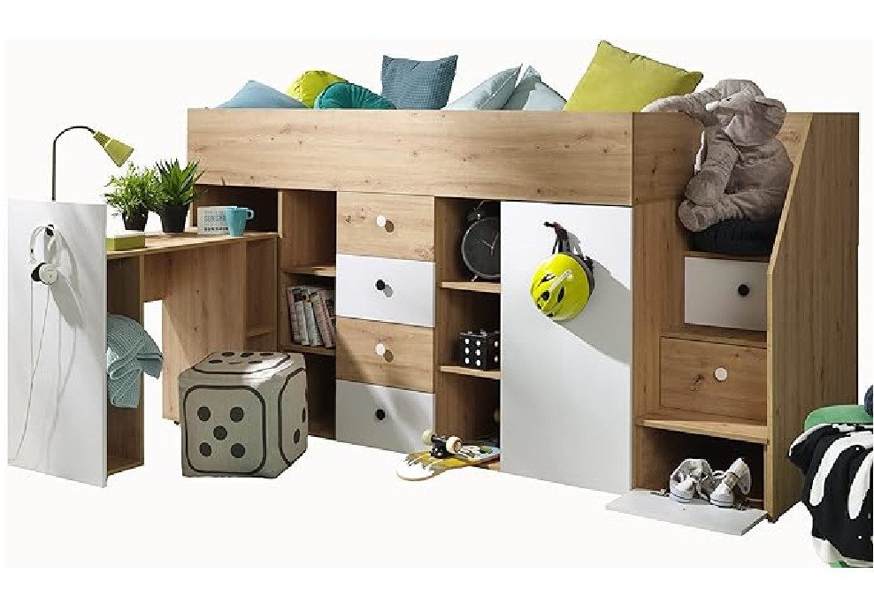 ABIKS MÖBEL Hochbett SMART 3 Etagenbett für Jugendliche mit Schreibtisch und Kleiderschrank