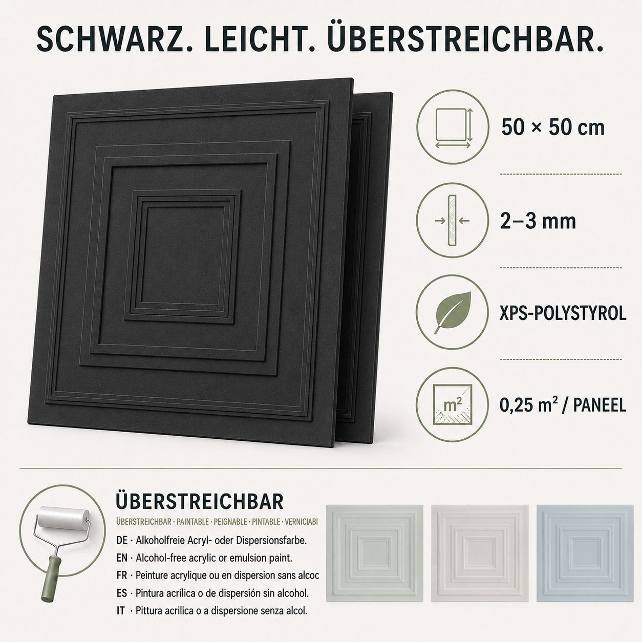 IKHEMalarka 3D Wandpaneel aus Polystyrol Styropor XPS 2m² = 8 Stück, BxL: 50,00x50,00 cm, 0,25 qm, (Platten XPS, Polystyrol Paneele) Paneelen für Decke & Wand – Bild 3 von 5