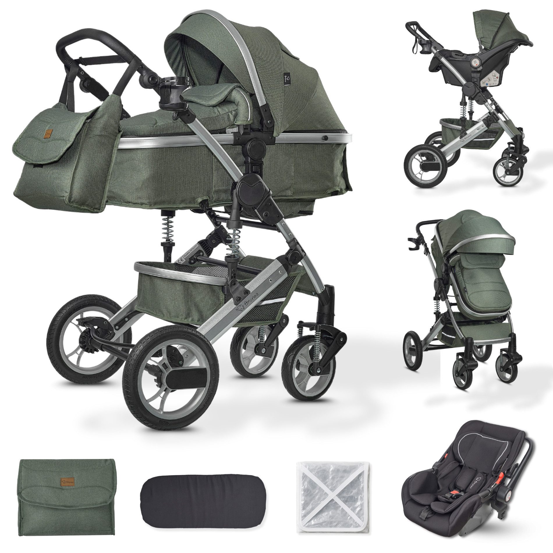 Bronea Kombi-Kinderwagen EXQUISE 2.0 Kinderwagen 3-in-1 GRÜN/SILBER mit BUGGY, AUTO-BABYSCHALE, HOCHWERTIGES MODELL, Wickeltasche, Regen-, Mücken- & Sonnenschutz