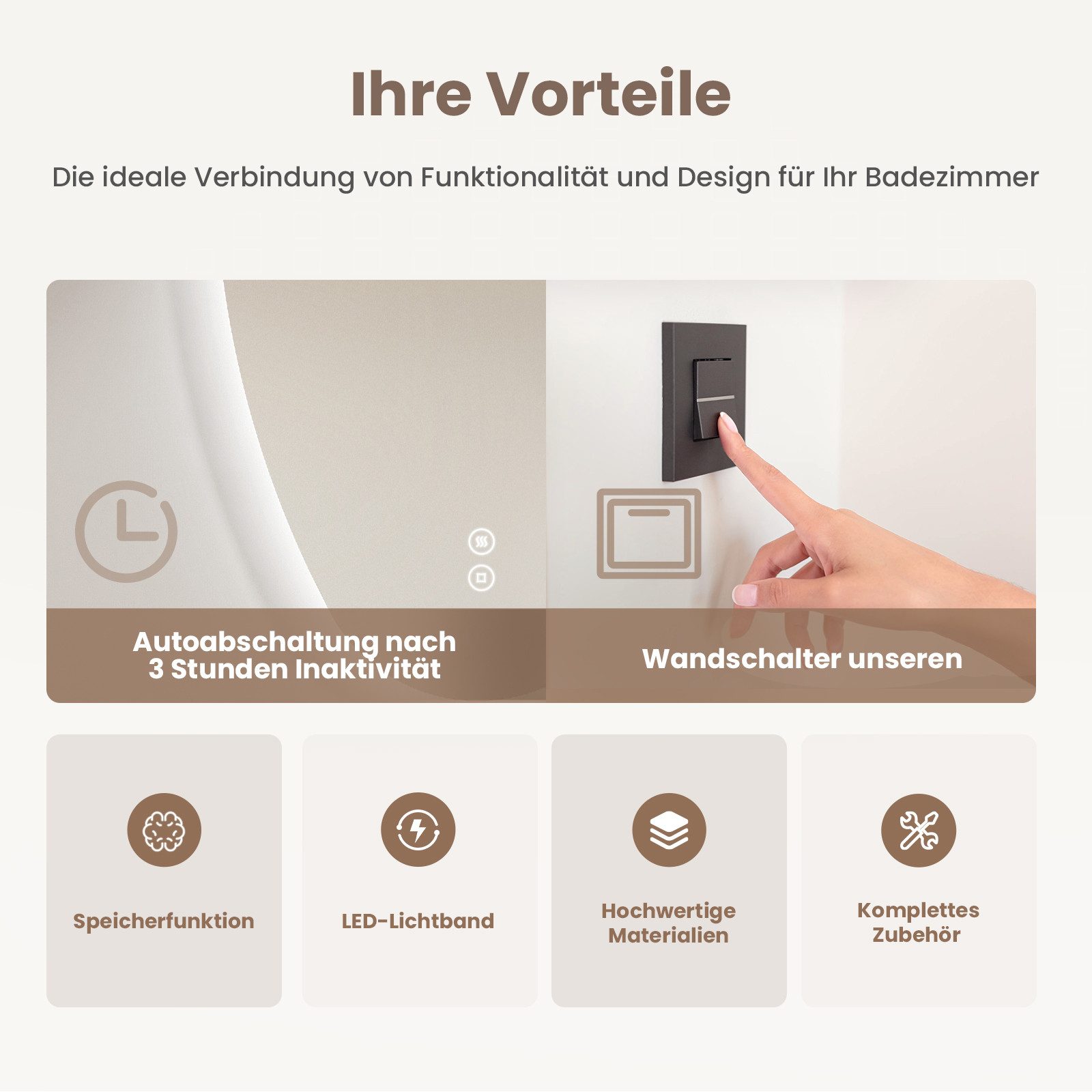 EMKE Badspiegel mit Beleuchtung Wandspiegel asymmetrisch Lichtspiegel Tropfenform, Touchschalter 3 Lichtfarben einstellbare Helligkeit Antibeschlag IP44 – Bild 3 von 5