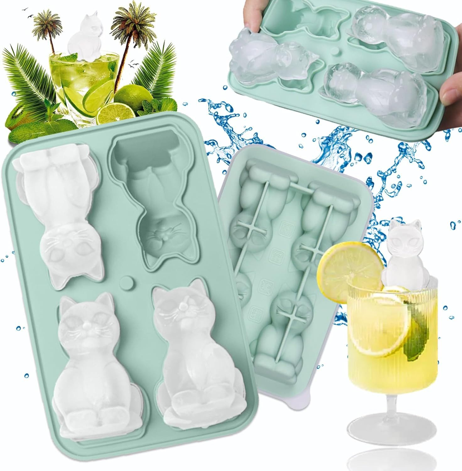 Zaewry Eiswürfelform Eiswürfelform Silikon Katze, Lustige Tier Eiswürfel Form mit Deckel, Silikonform für Whiskey & Cocktails