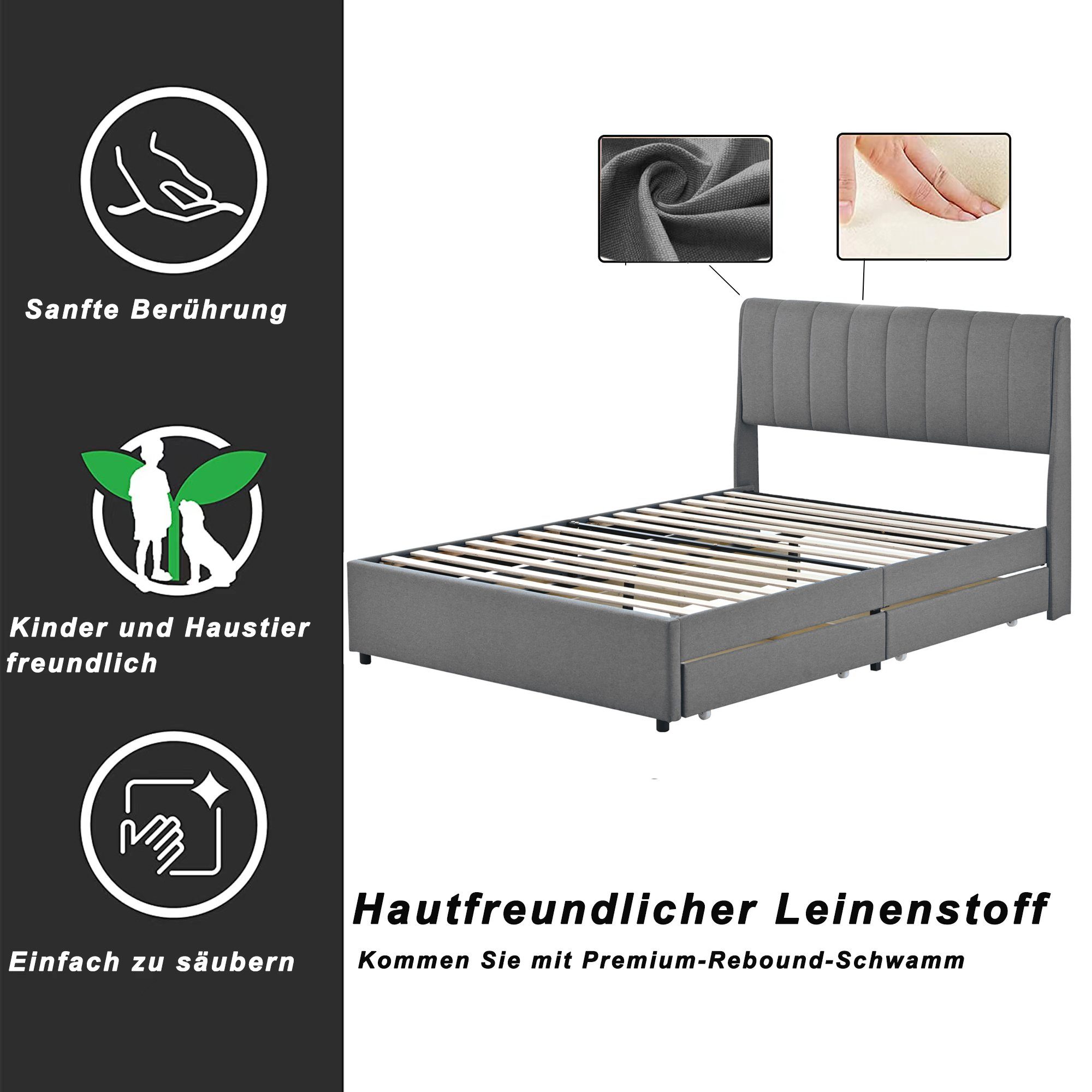 Grau Holzbett Schubladen, Ulife Polsterbett Doppelbett mit Rückenlehne, Lattenrost 4 und 140x200cm