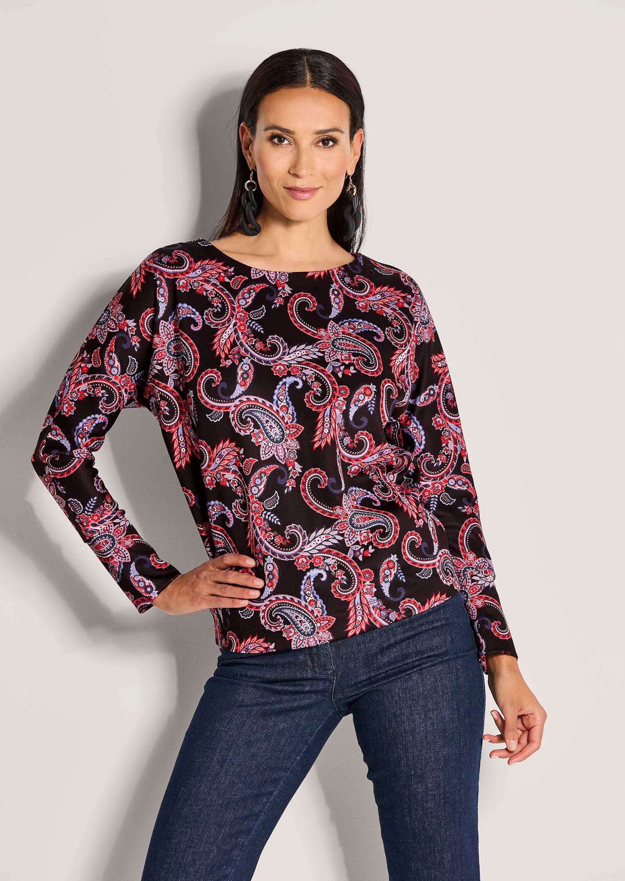 MADELEINE Langarmshirt Ethno-Sweatshirt mit Kimono-Ärmeln U-Boot-Ausschnitt, ethno Print, moderner Schnitt