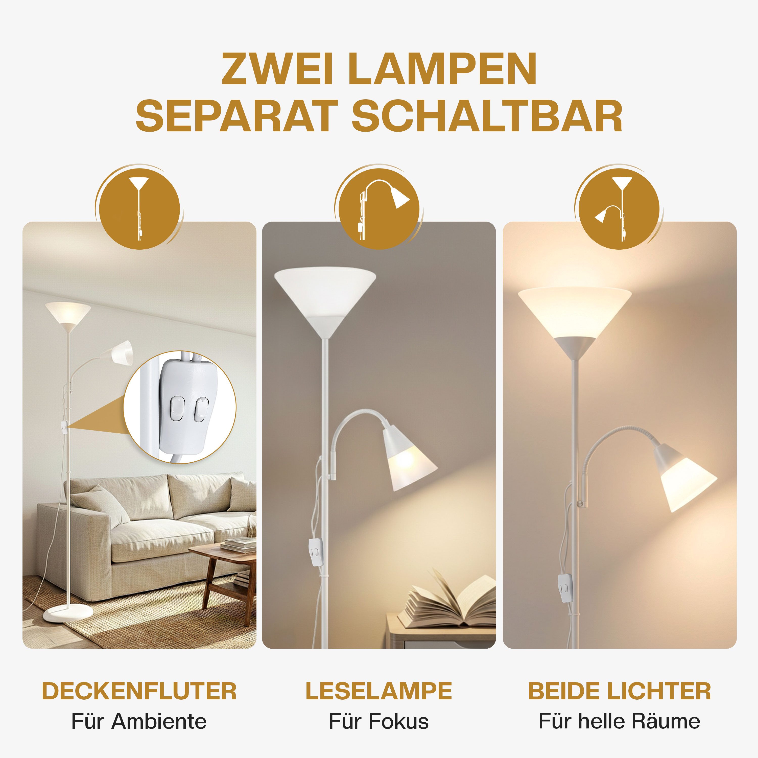 monzana Stehlampe Alissa, Stehlampe 175 cm Weiß Verstellbar Stehleuchte Deckenfluter