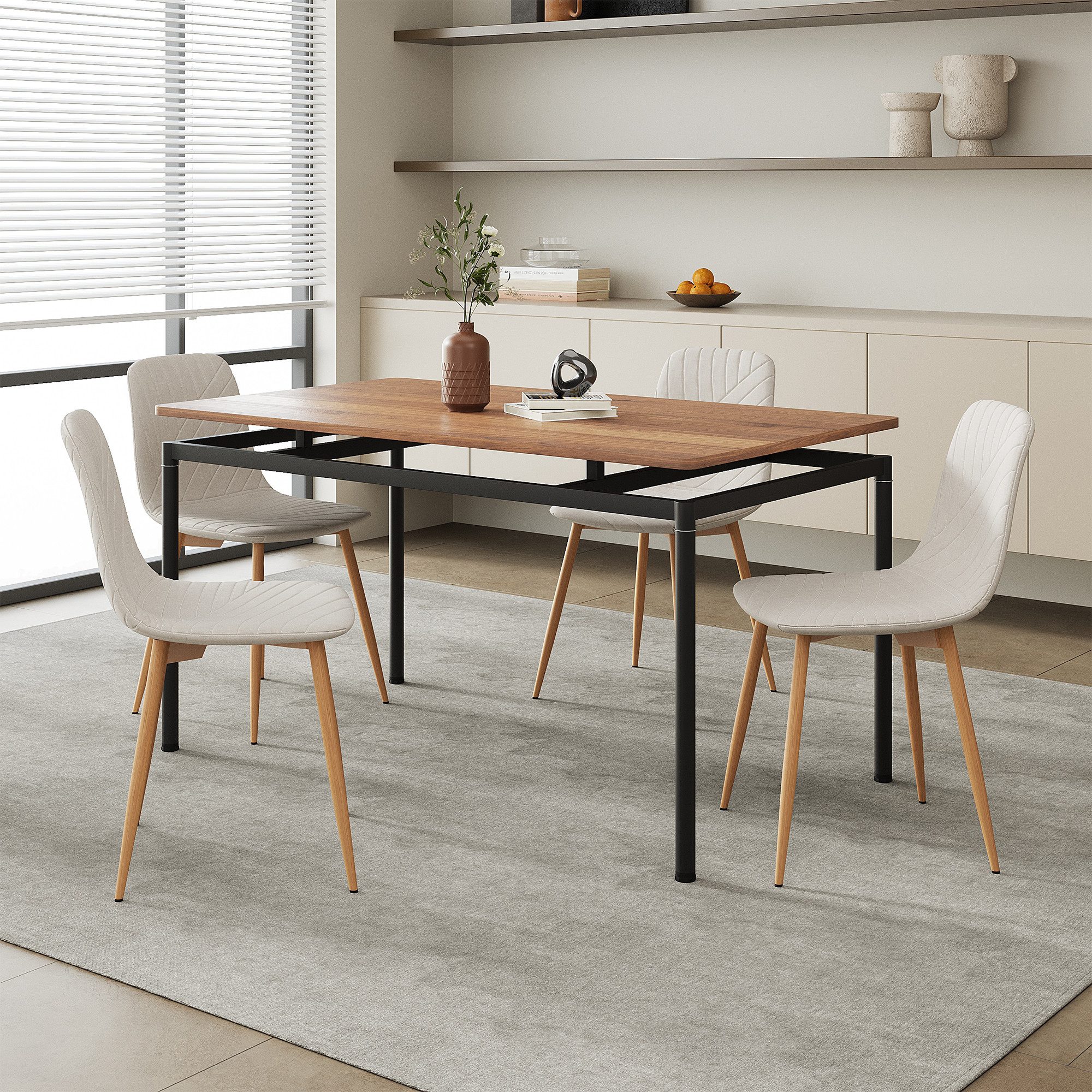 en.casa Essgruppe, (Set, 5-tlg), »Hemnes« Textilbezug Stahlbeine Beige