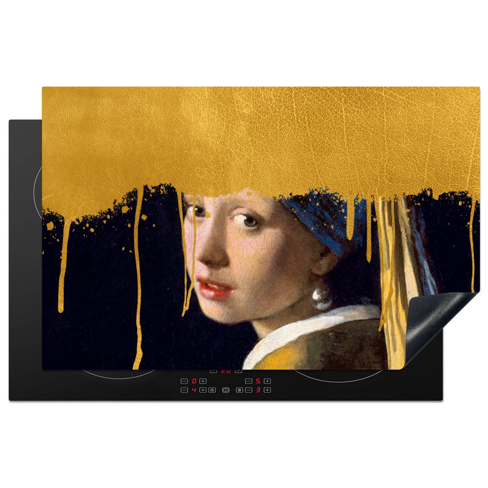 MuchoWow Herdblende-/Abdeckplatte Gold 81x52 Ceranfeldabdeckung Vermeer, cm, einem für küche, tlg), Vinyl, Induktionskochfeld Mädchen (1 Perlenohrring Schutz - mit die 