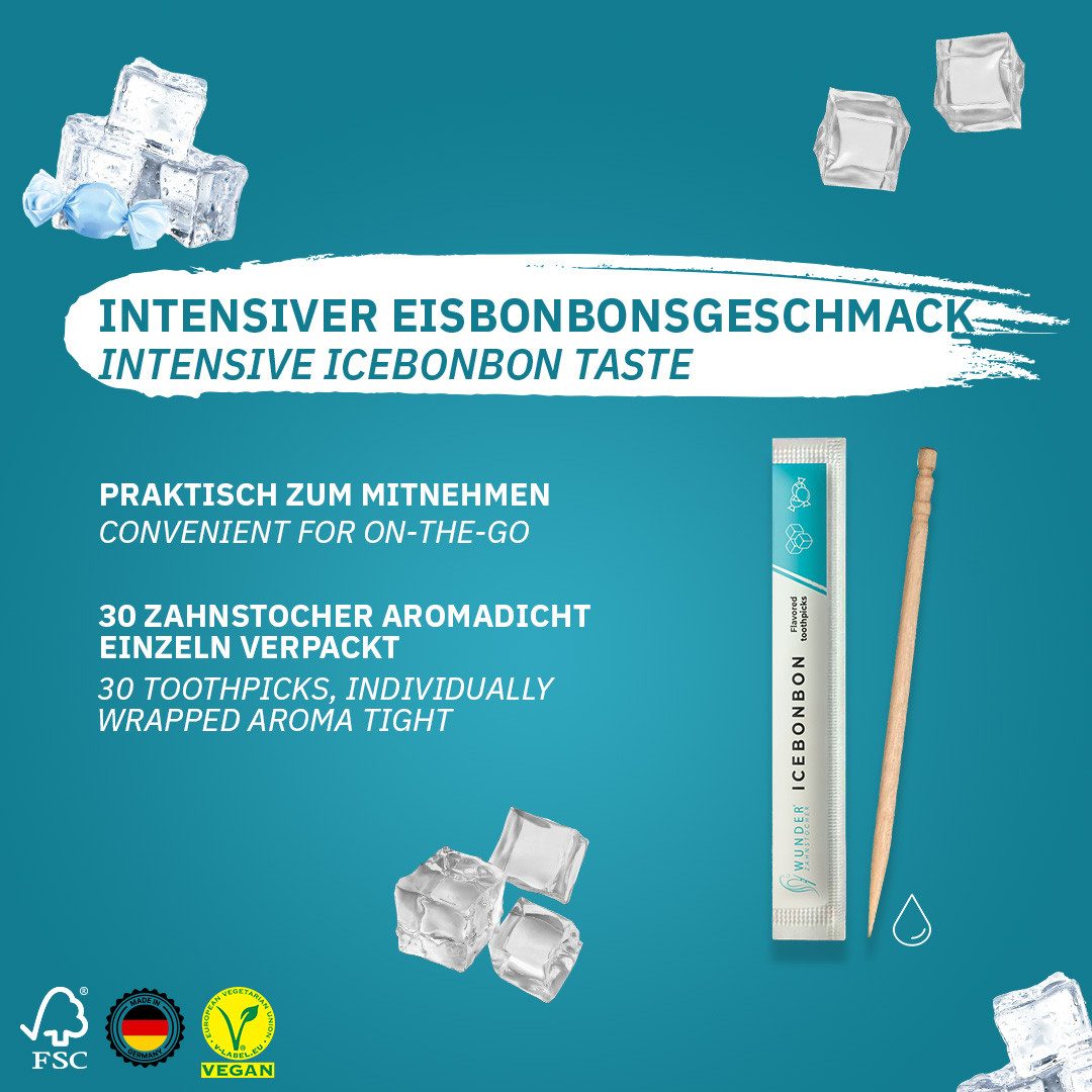 Wunder Zahnstocher Mundpflegecenter mit Geschmack 30x Zahnstocher einzeln verpackt - Eisbonbon, frischer Atem - Alternative zu Kaugummi - Zuckerfrei & kalorienfrei
