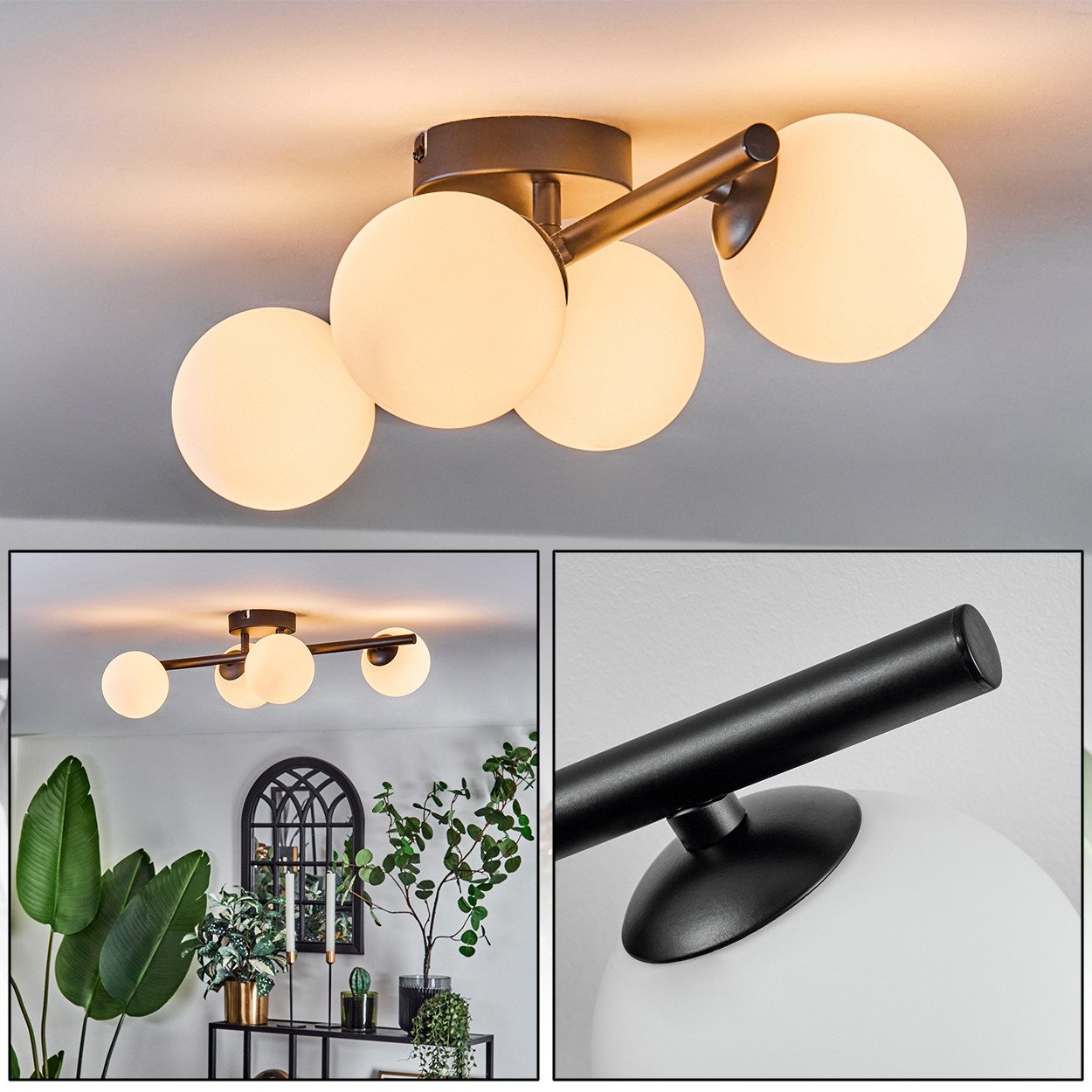 hofstein Deckenleuchte Deckenlampe aus Metall/Glas in Schwarz/Weiß, ohne Leuchtmittel, moderne Leuchte mit Glasschirmen (10 cm), 4 x G9, ohne Leuchtmittel