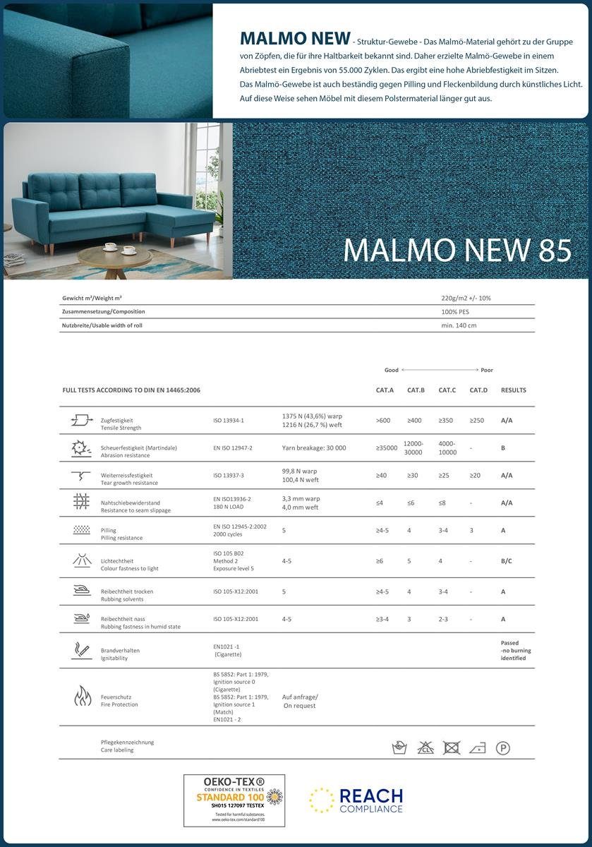 Beautysofa Polsterecke Couch mane (malmo Ecksofa Sofa Schlaffunktion, new universelle ONLY, mit mit 85) Blau