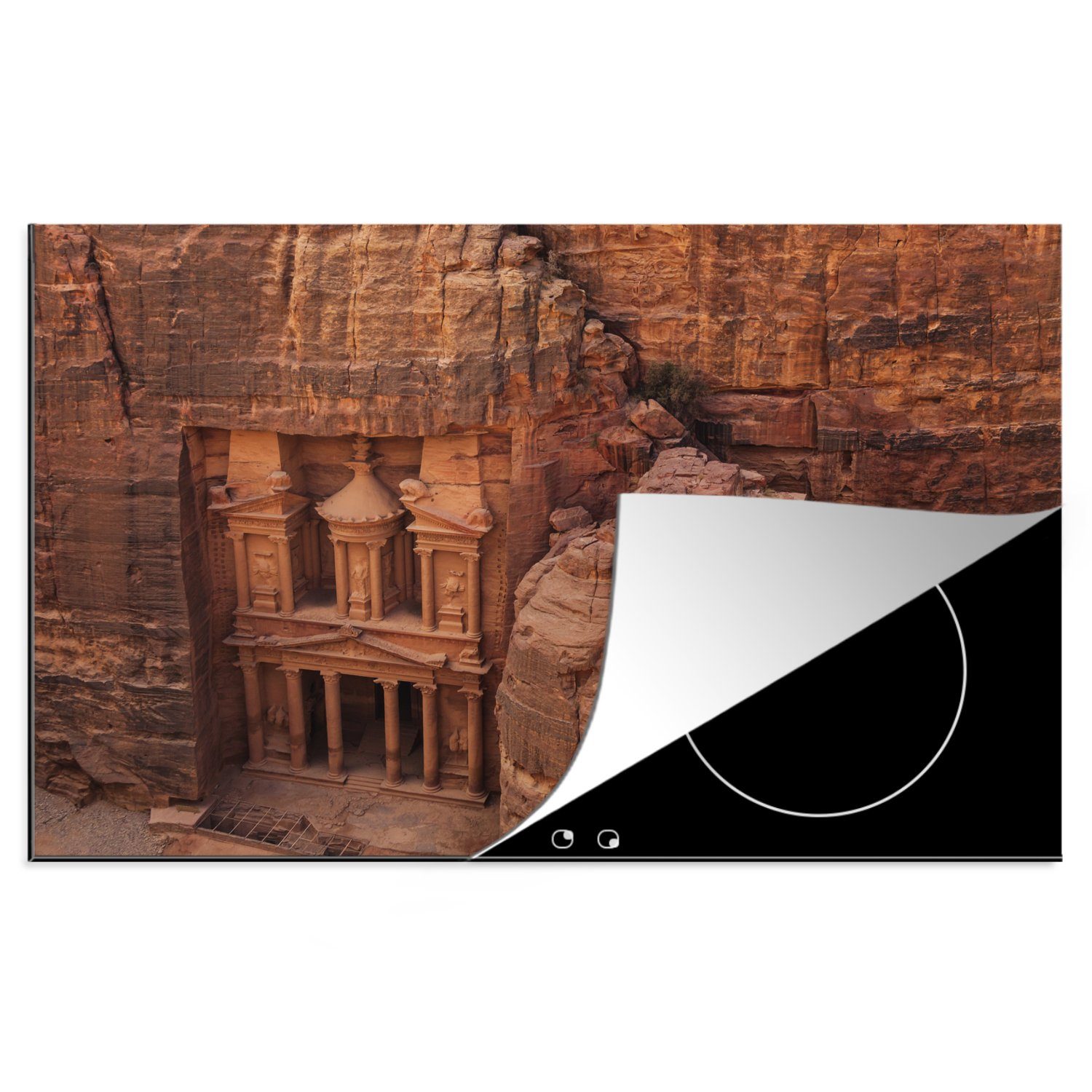 in aus Ceranfeldabdeckung für die 81x52 Herdblende-/Abdeckplatte tlg), Schutz in Tempel Antiker, MuchoWow küche, Petra Jordanien, cm, Induktionskochfeld gehauener Vinyl, (1 Sandstein