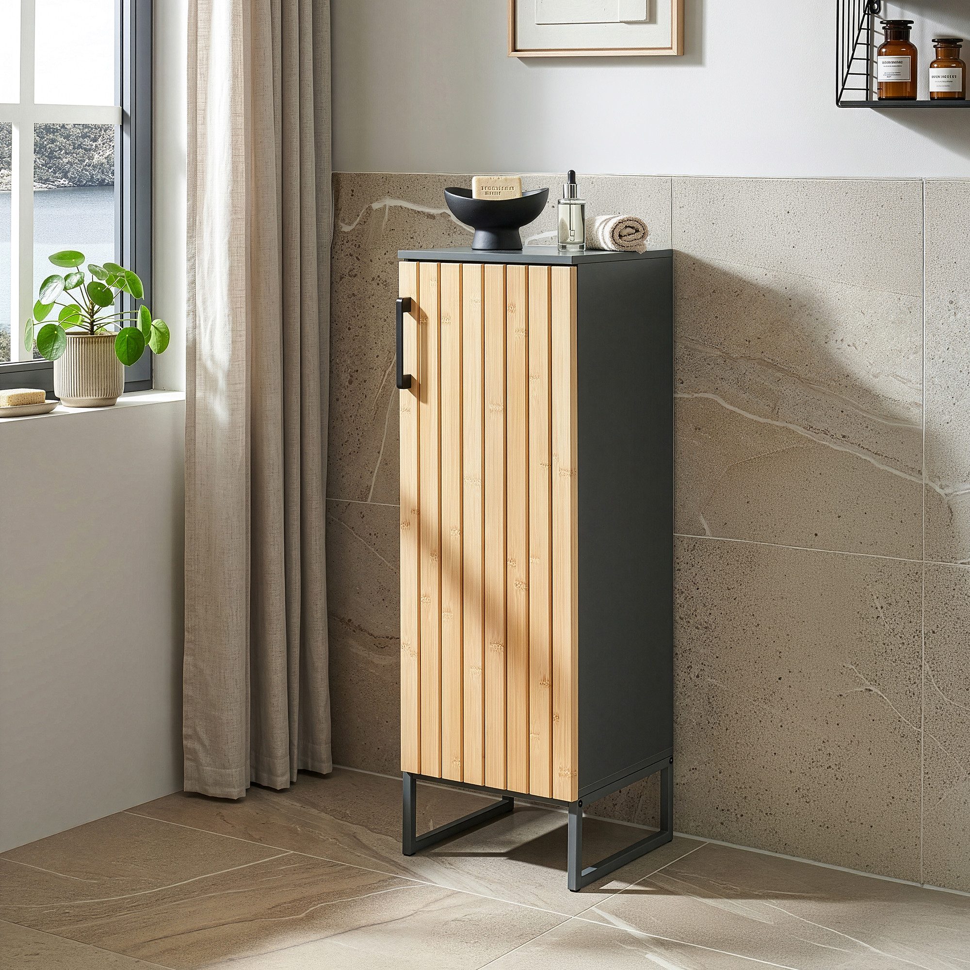 en.casa Midischrank »Svanes« mit 1 Tür 90 x 30 x 30 cm Metallgestell Dunkelgrau/Natur