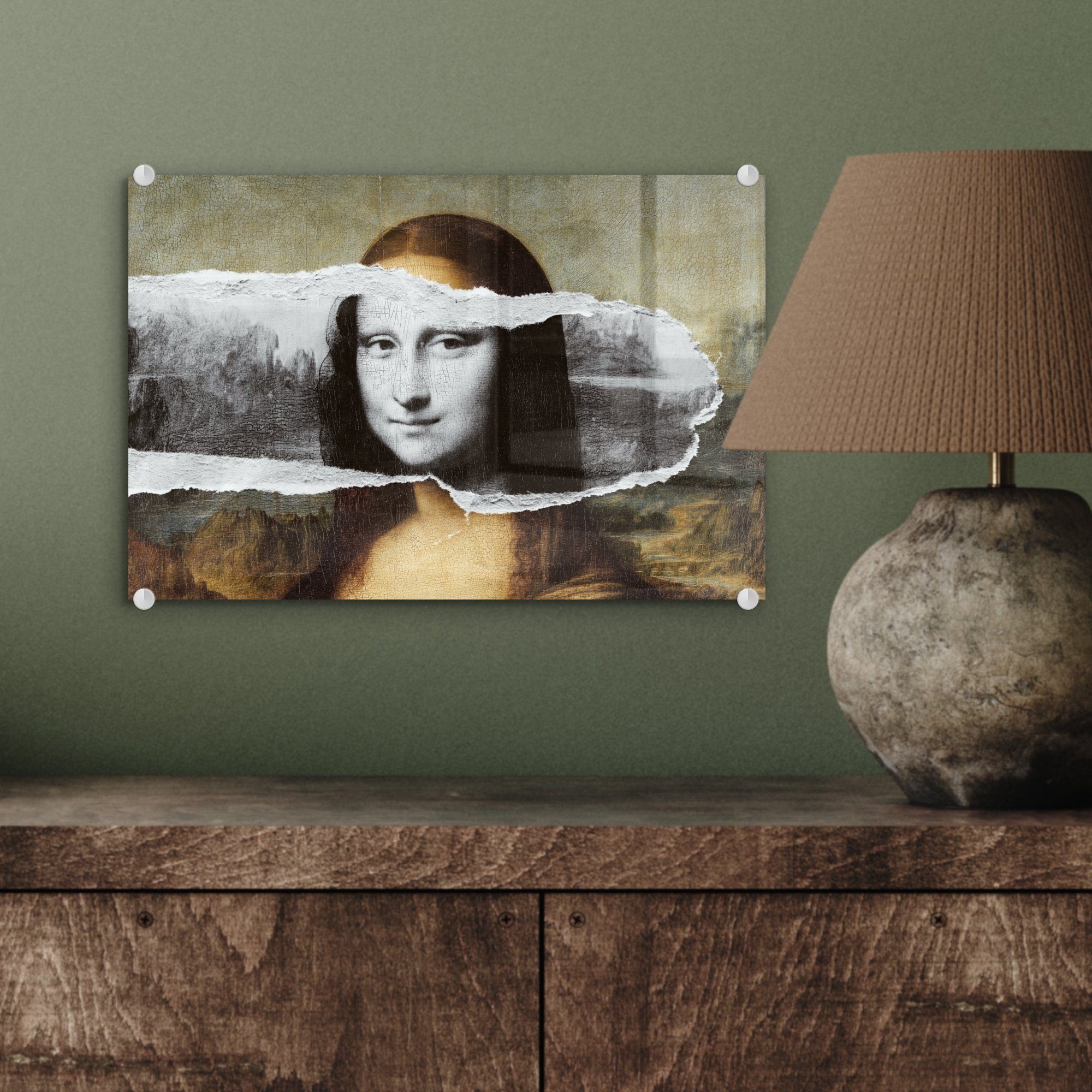 Schwarz auf Lisa Wandbild - - Bilder Glasbilder Da (1 Glas Foto Wanddekoration Acrylglasbild und - MuchoWow Mona Vinci, auf - Glas weiß - St),