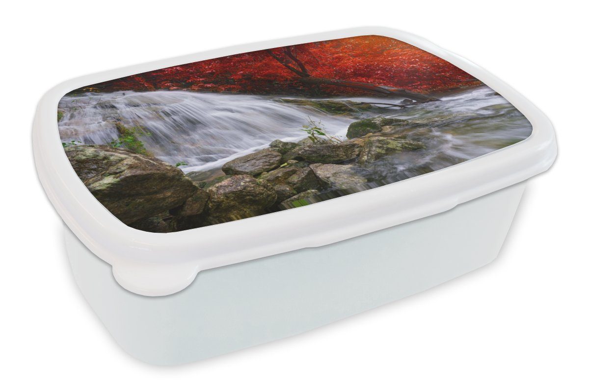 MuchoWow Lunchbox Wasserfall - Felsen - Wasser - Herbst, Kunststoff, (2-tlg), Brotbox für Kinder und Erwachsene, Brotdose, für Jungs und Mädchen weiß