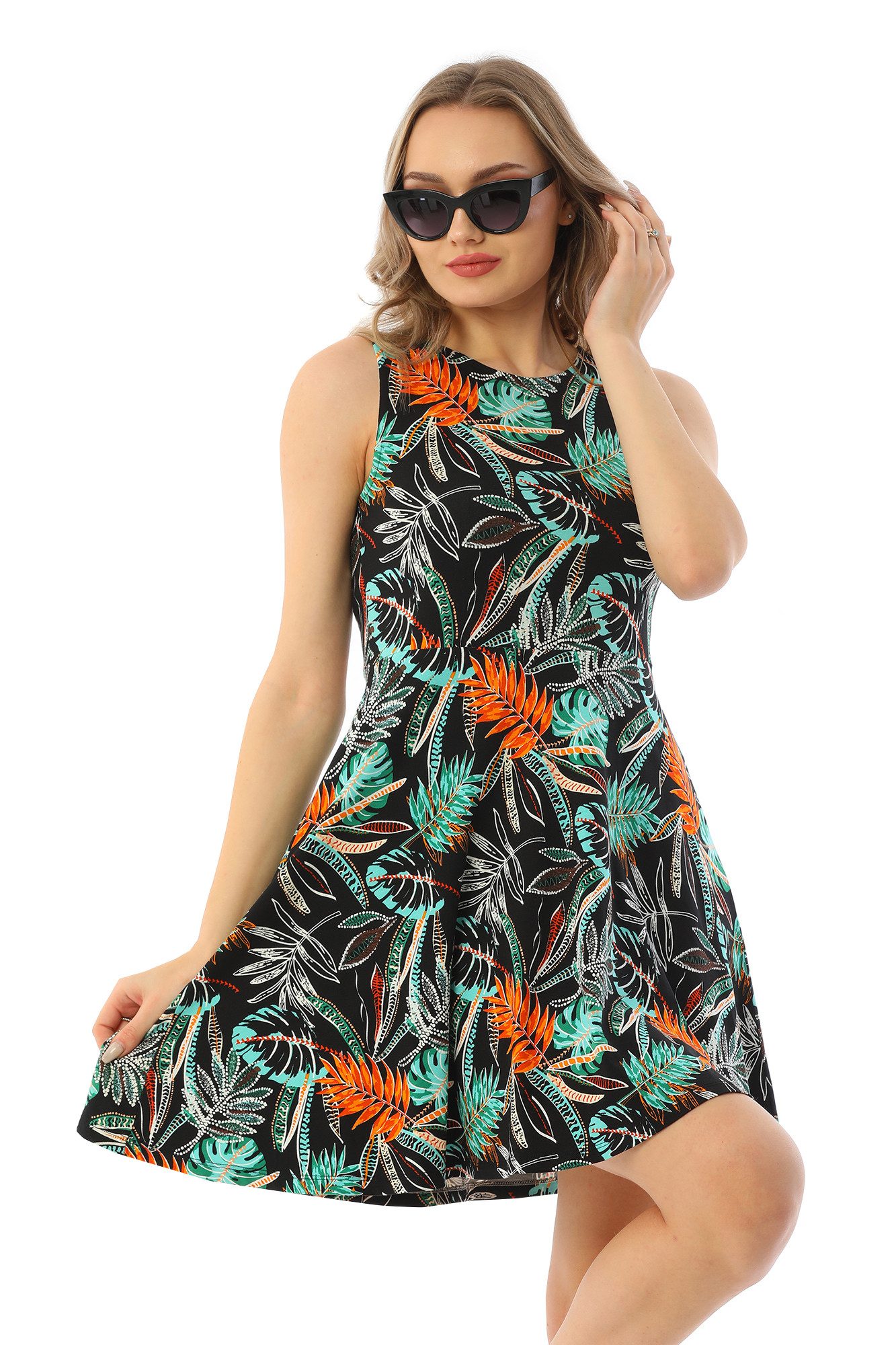 Bongual Jerseykleid Sommerkleid ohne Ärmel mit Palmenblätter Muster