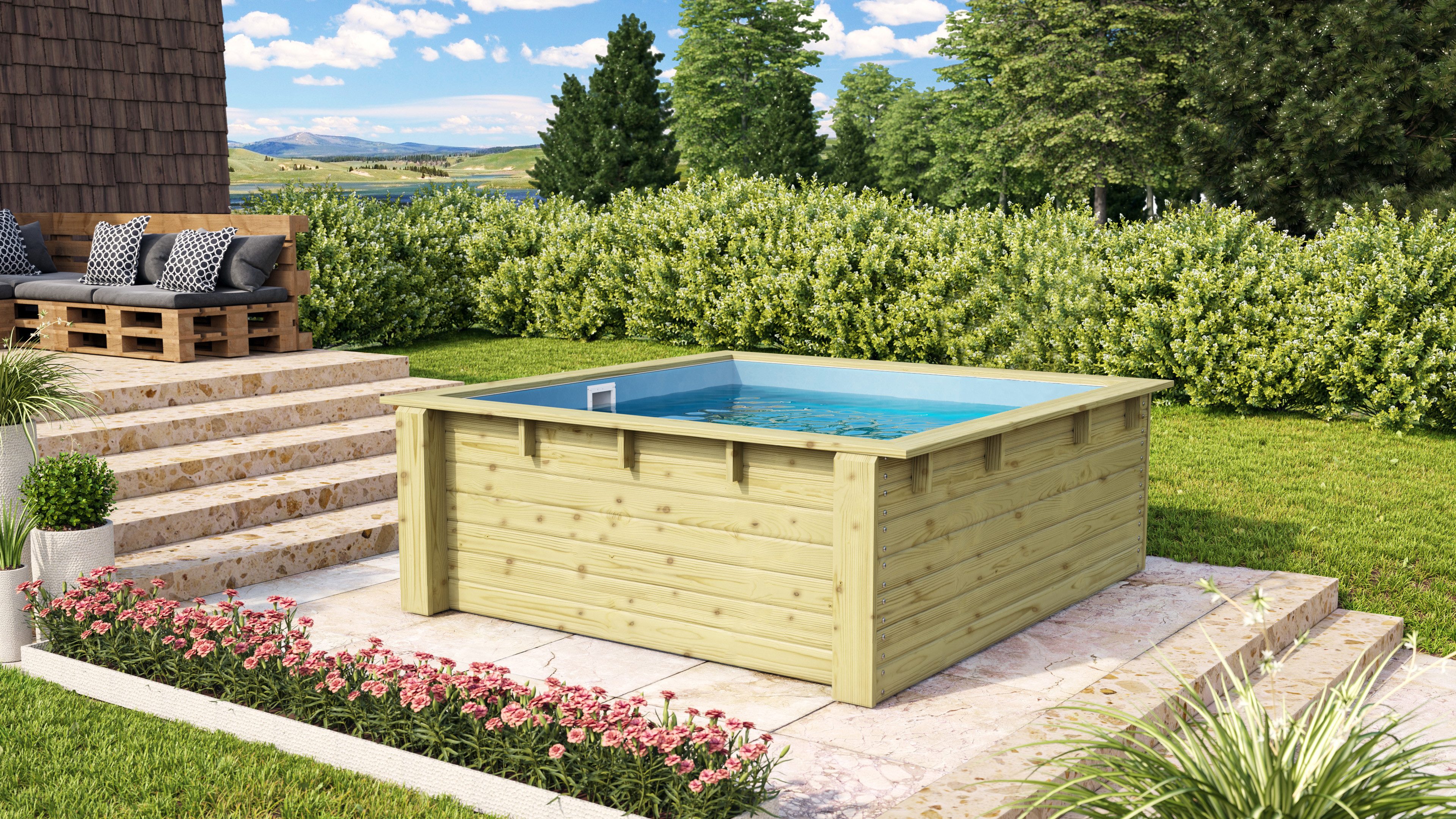 Karibu Rechteckpool Minipool L220 x B 220 x H 78 cm (Set, 3-tlg), kesseldruckimprägniert, Made in Germany