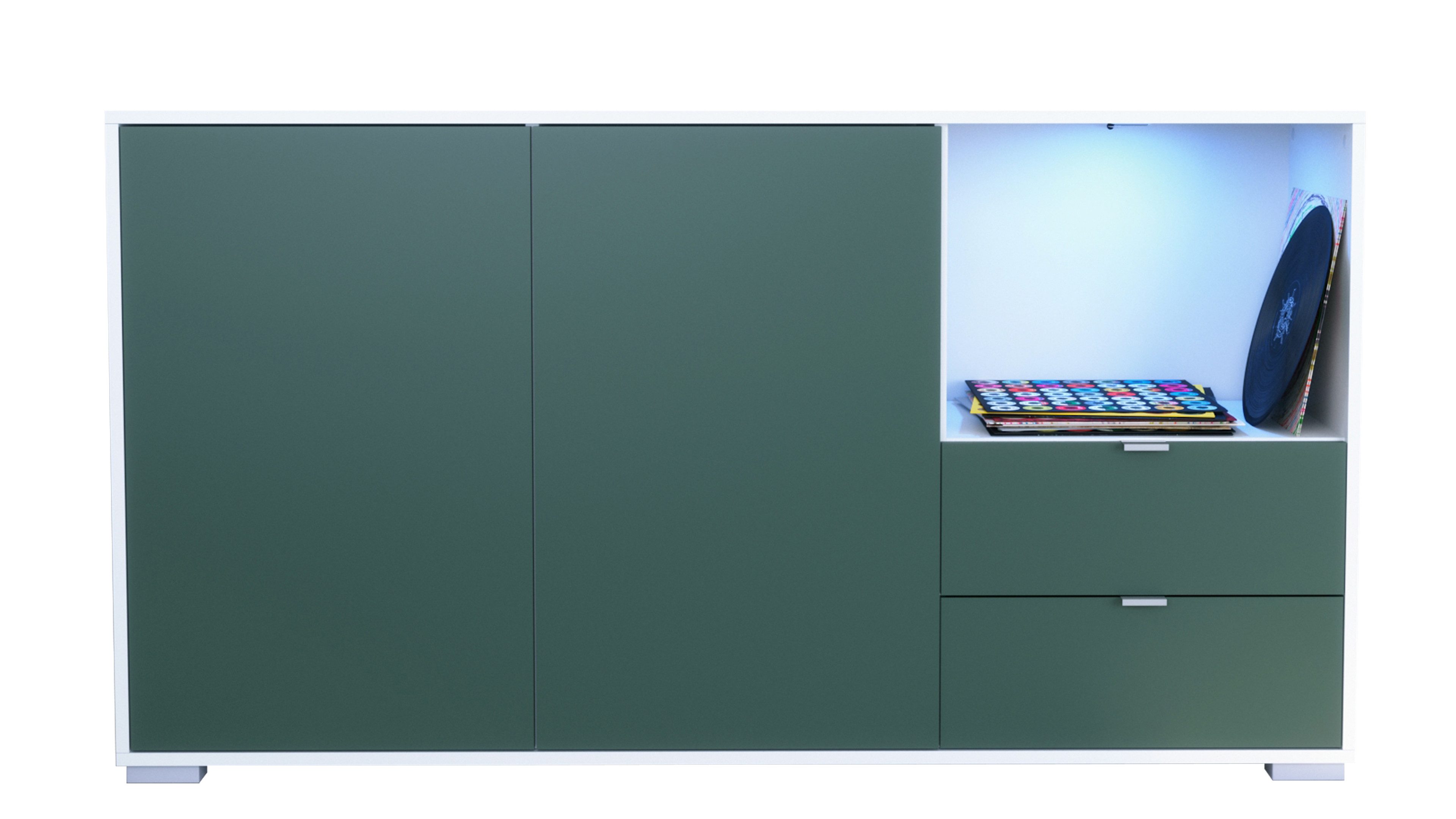 Vladon Sideboard Milano (Kommode mit 2 Türen Fjord Grün, 2 Schubladen Fjord Grün, inkl. LED, Made in Germany), Korpus Weiß matt (152,5 x 83 x 37 cm)