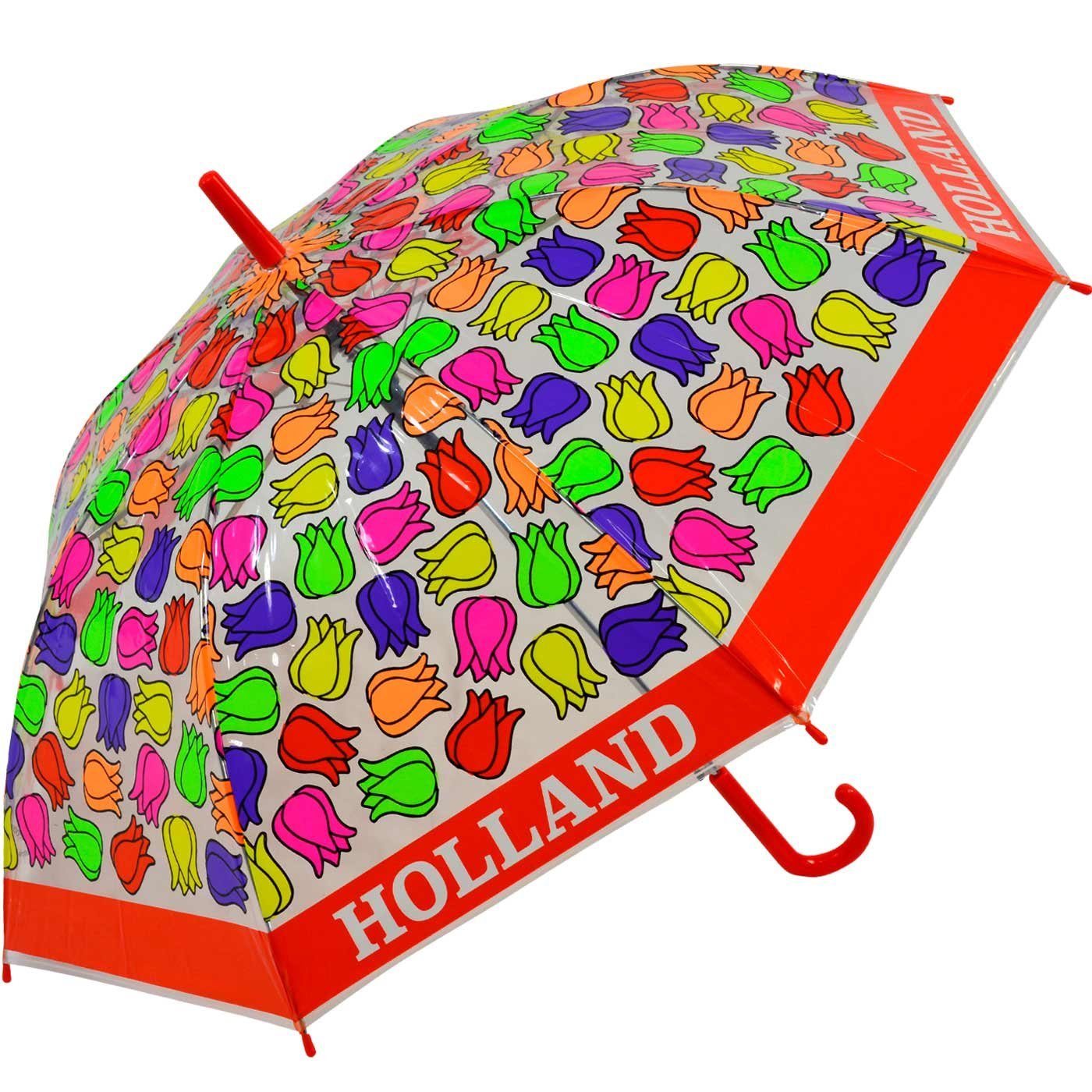 Impliva Langregenschirm Falconetti transparent - Kinderschirm durchsichtig rot bunt Tulpen