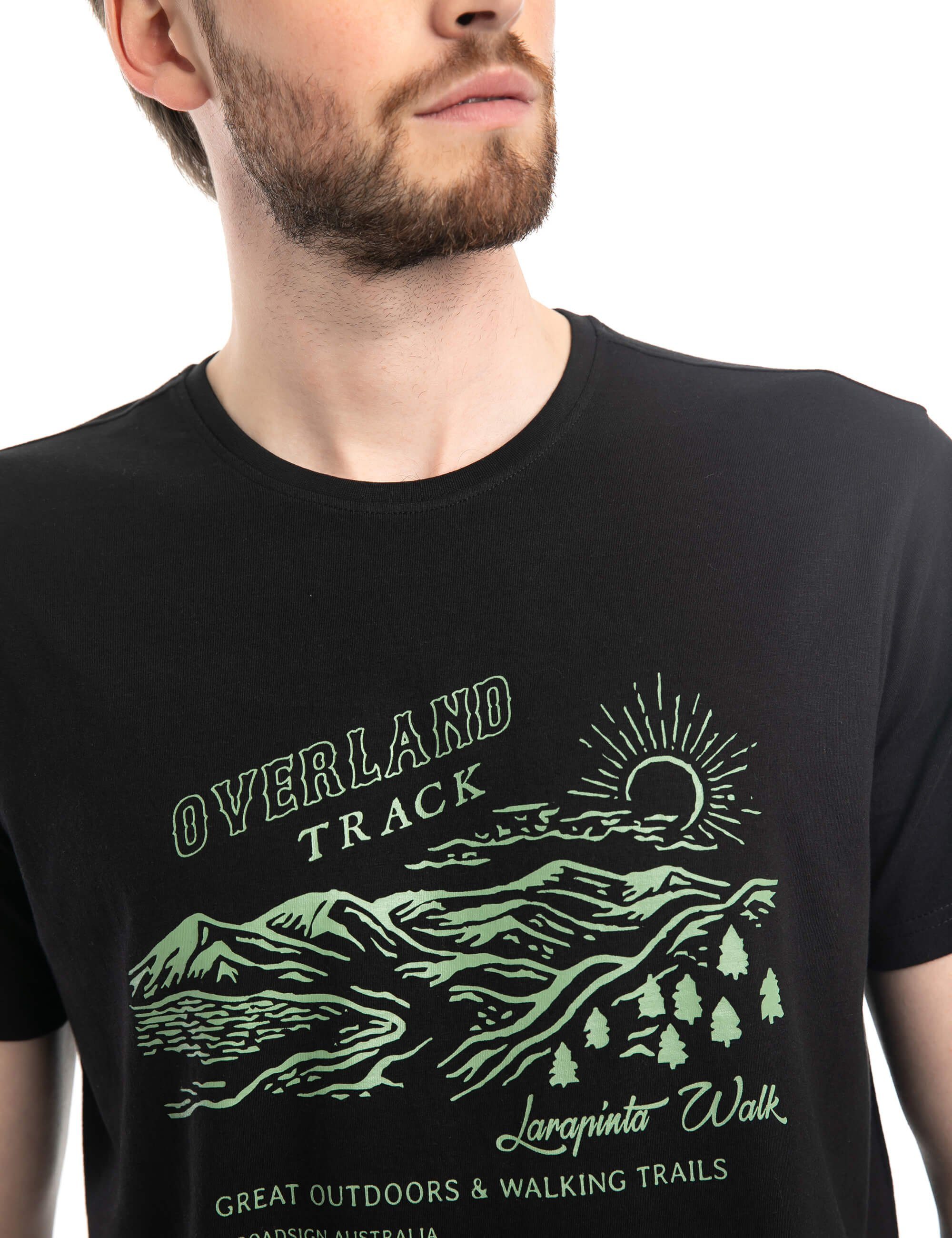 Baumwolle % Print, (1-tlg) Bio- australia T-Shirt & Overland Rundhalsausschnitt ROADSIGN 100 mit track Schwarz