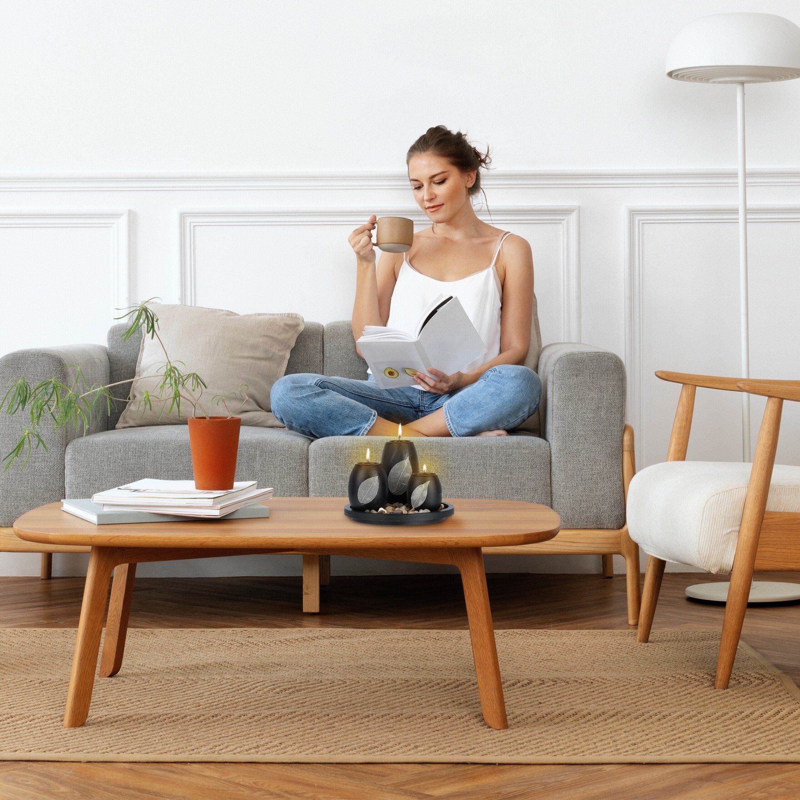 relaxdays Teelichthalter mit Tablett & Steine