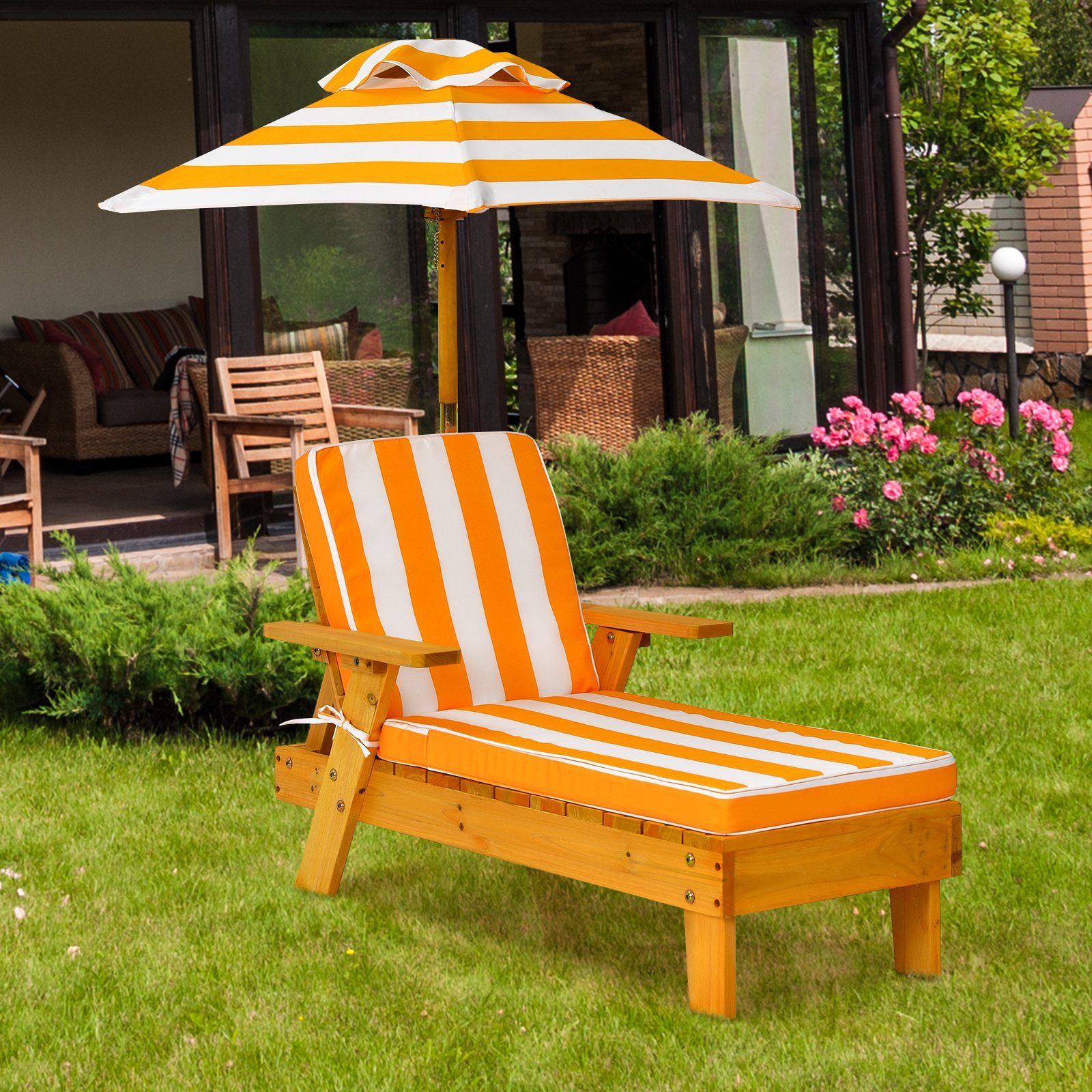 COSTWAY Gartenliege, mit Sonnenschirm & Kissen, bis 50kg, für Kinder