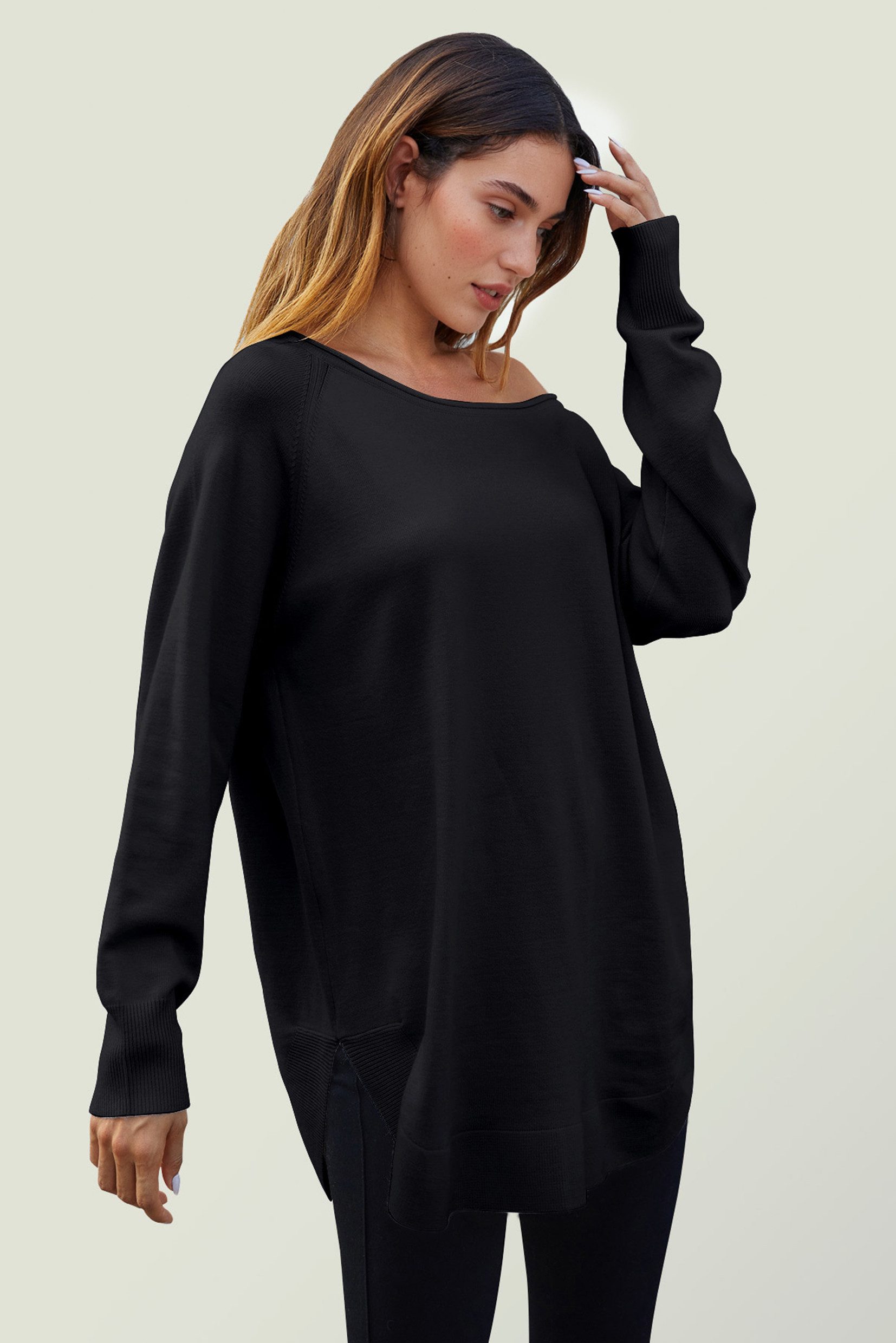 FS Collection Longpullover Damen Longpullover Oversize Strickpullover für Herbst/Winter, Onesize (Einheitsgröße: UK 8–16 / EU 36–44, 4 Farben : Schwarz, Creme,Hellgrau und Dunkelgrün) 50 % Polyacryl, 30 % Polyamid, 20 % Polyester