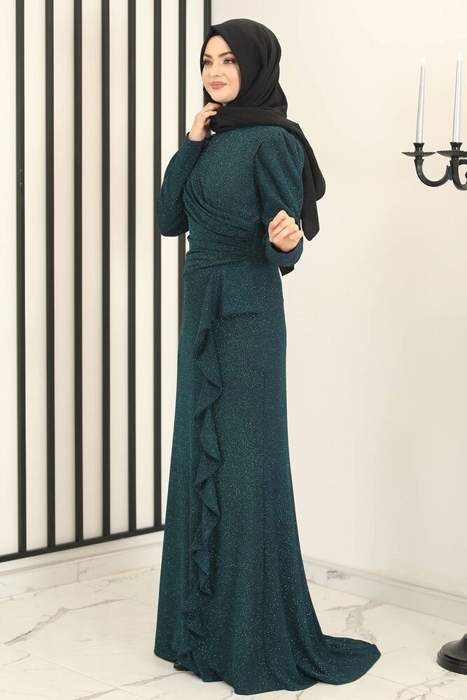 Abendkleid Damen Glitzer Maxikleid mit Volant Abiye Abaya Hijab Mode