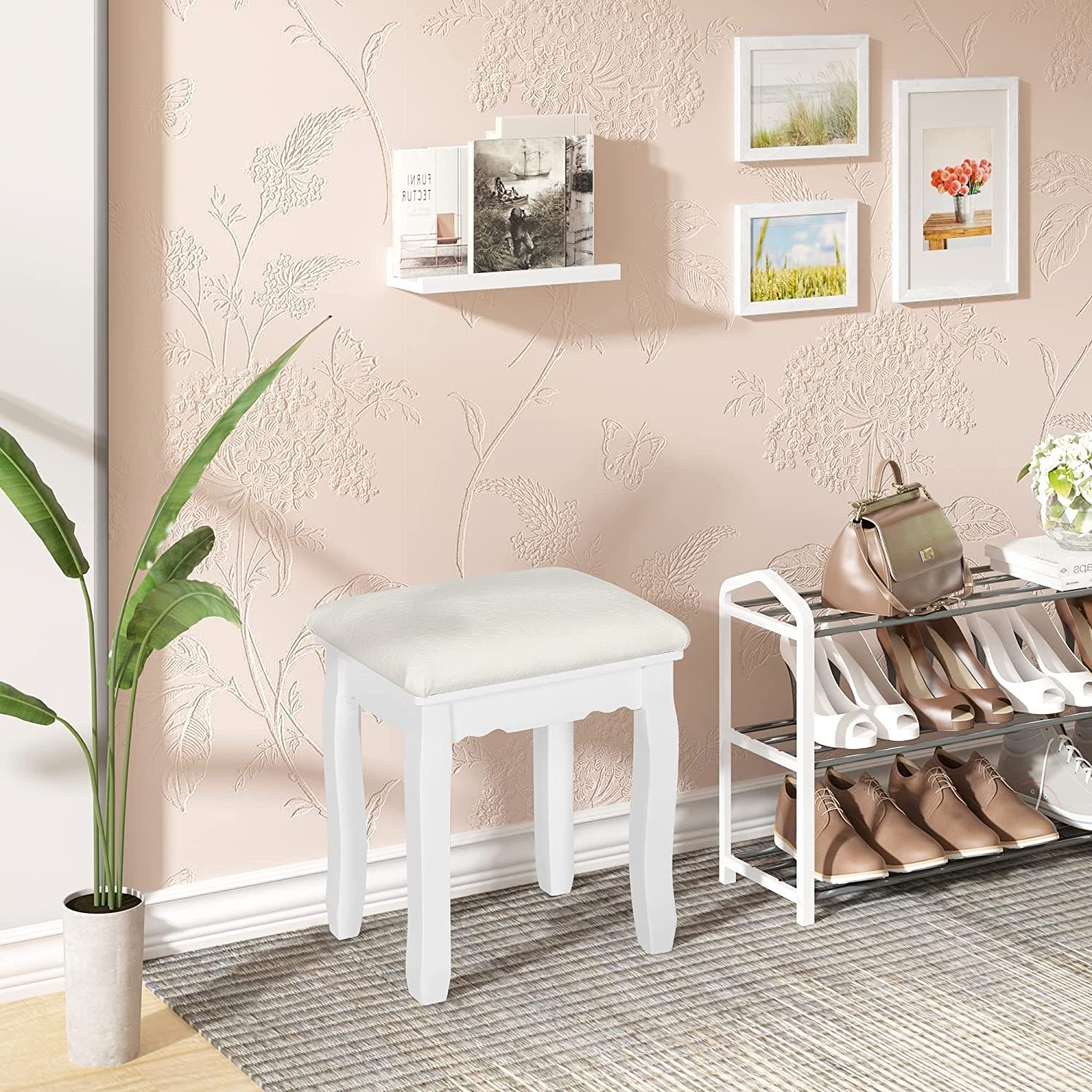 Woltu Sitzhocker (1 St), Samt Massivholzbeine, 38x45x28.5 cm, Weiß