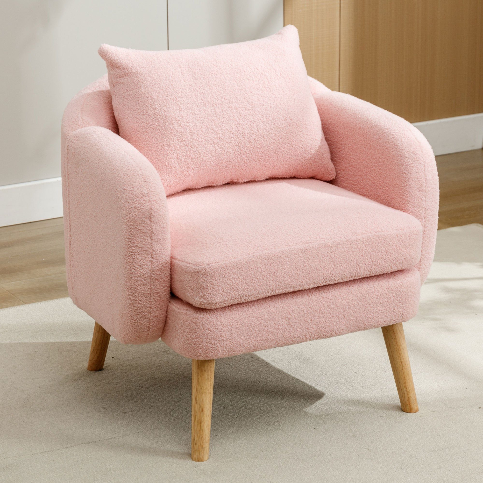 mit Sessel Loungesessel, aus (Moderner, Teddy-Samtstuhl), rosa REDOM mit extra Sessel Kissen schlichter Beine Kissen, Armlehnensessel Massivholz dickem Polstersessel