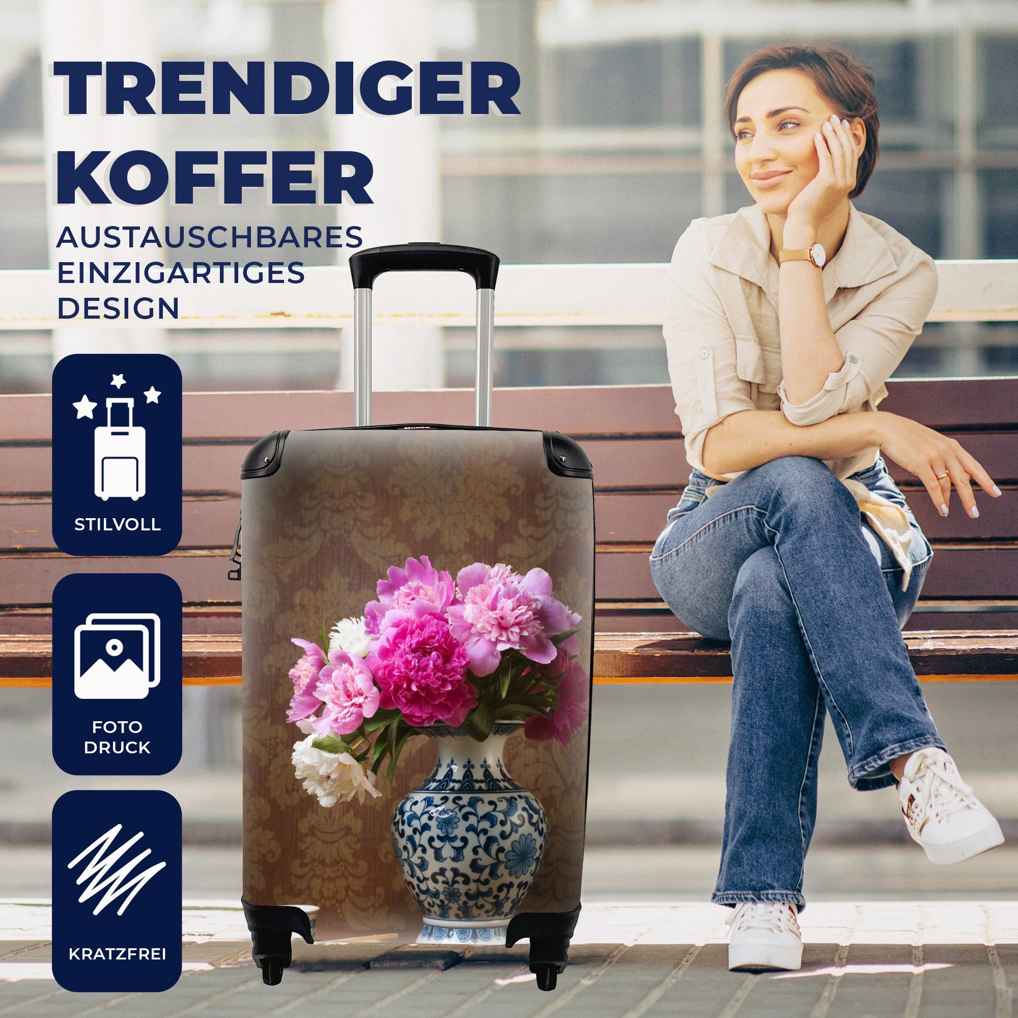 MuchoWow Handgepäckkoffer Pfingstrosen - Vase Trolley, 4 Handgepäck Reisekoffer mit rollen, Rollen, Reisetasche - Ferien, für Farben