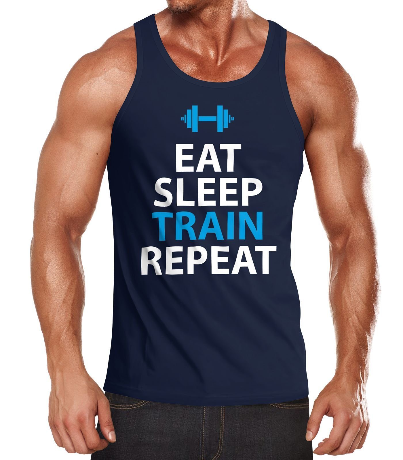 MoonWorks Tanktop Herren Tanktop Eat Sleep Train Repeat Bodybuilder Fitness Gym mit Print