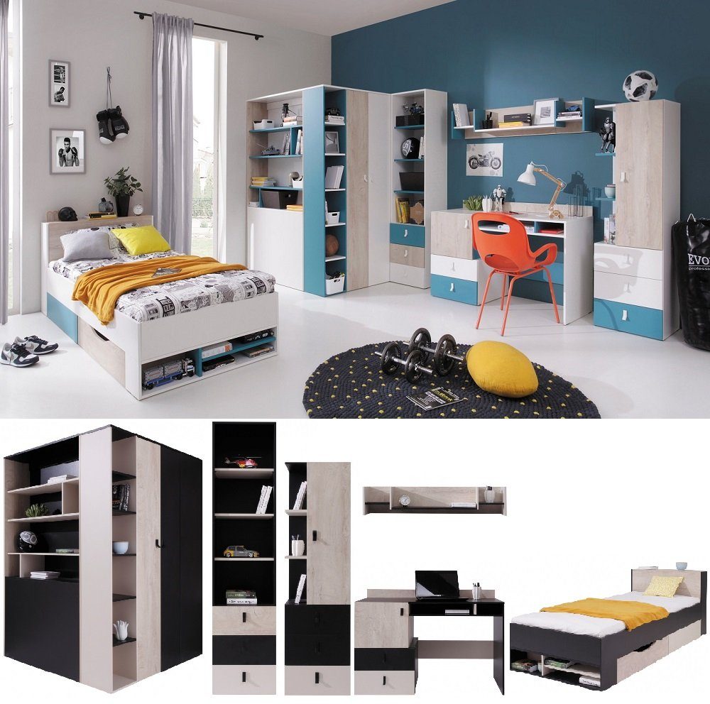 QMM TraumMöbel Jugendzimmer-Set Jugendzimmer komplett Space Set B Eckschrank Regale Bett, (Möbel-Set, 6-tlg., Eckschrank, Regale, Schreibtisch, Wandregal, Bett), Farbauswahl