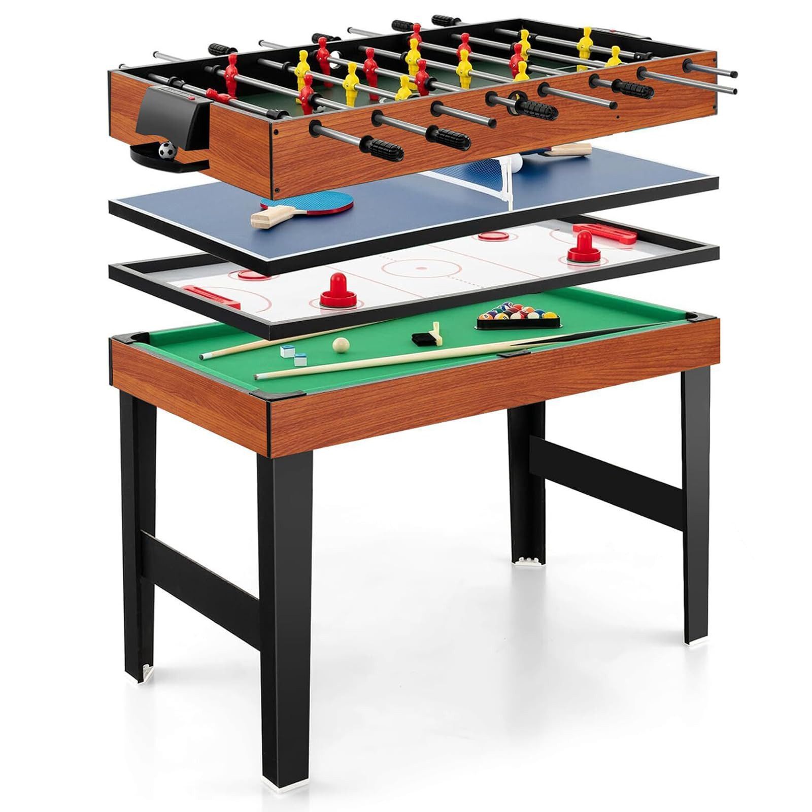 COSTWAY Kickertisch 4 in 1, Tischkicker mit Billard, Push Hockey, Tischtennis