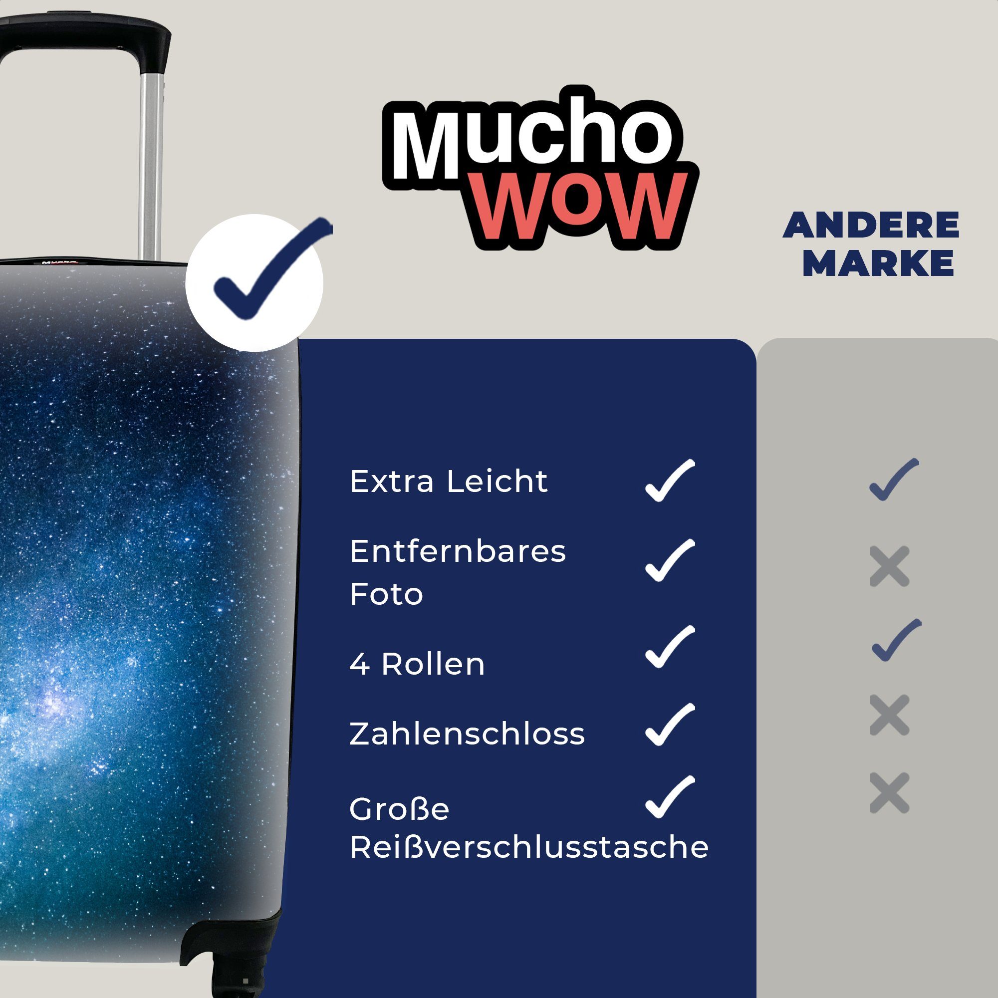 MuchoWow Trolley, - Handgepäckkoffer 4 Handgepäck Hell Reisekoffer Blau, mit Ferien, Rollen, für Reisetasche rollen, Sternenhimmel -
