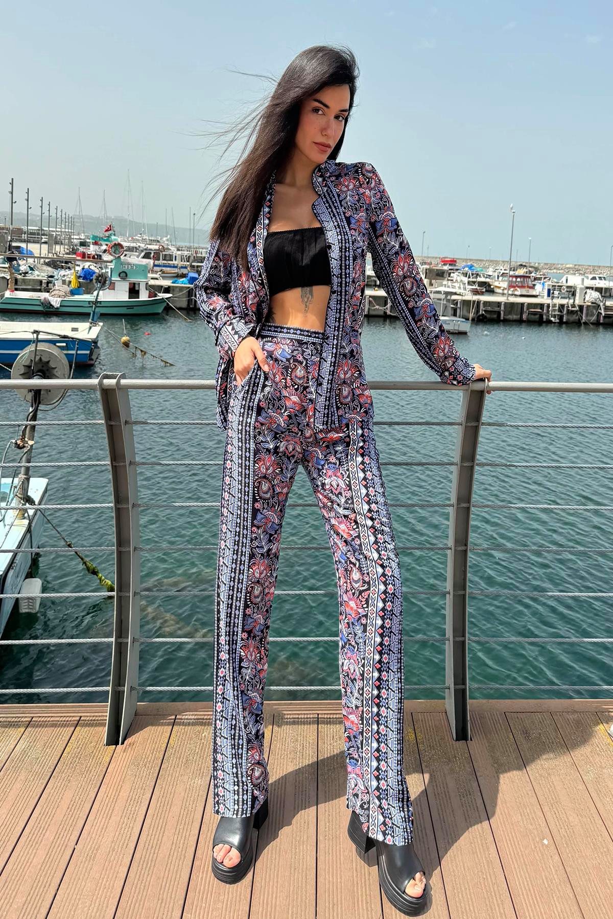 For You Moda Hosenanzug 3-teiliges Rot-Blau Viskose gemustertes Bustier-Hos günstig online kaufen