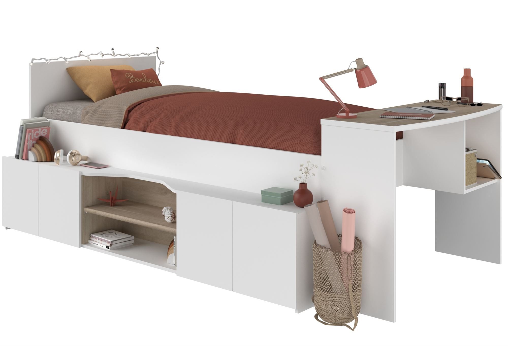 58 aufm Kessel Kinderbett Hochbett Parisot Cleo 90x200 mit Schreibtisch Holznachbildung Weiß (inkl. Versand, Lieferung bis Verwendungsstelle), Halbhohes Funktionsbett mit Schreibtich und Fächern viel Stauraum