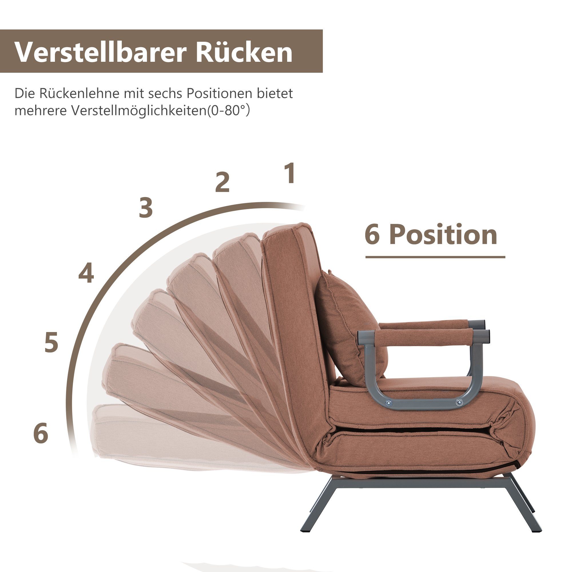 Daybett (Relaxsessel Sessel mit Schlaffunktion und Liegefunktion), Schlafsessel mit Armlehnen und Kissen, abnehmbarer Bezug aus Leinen
