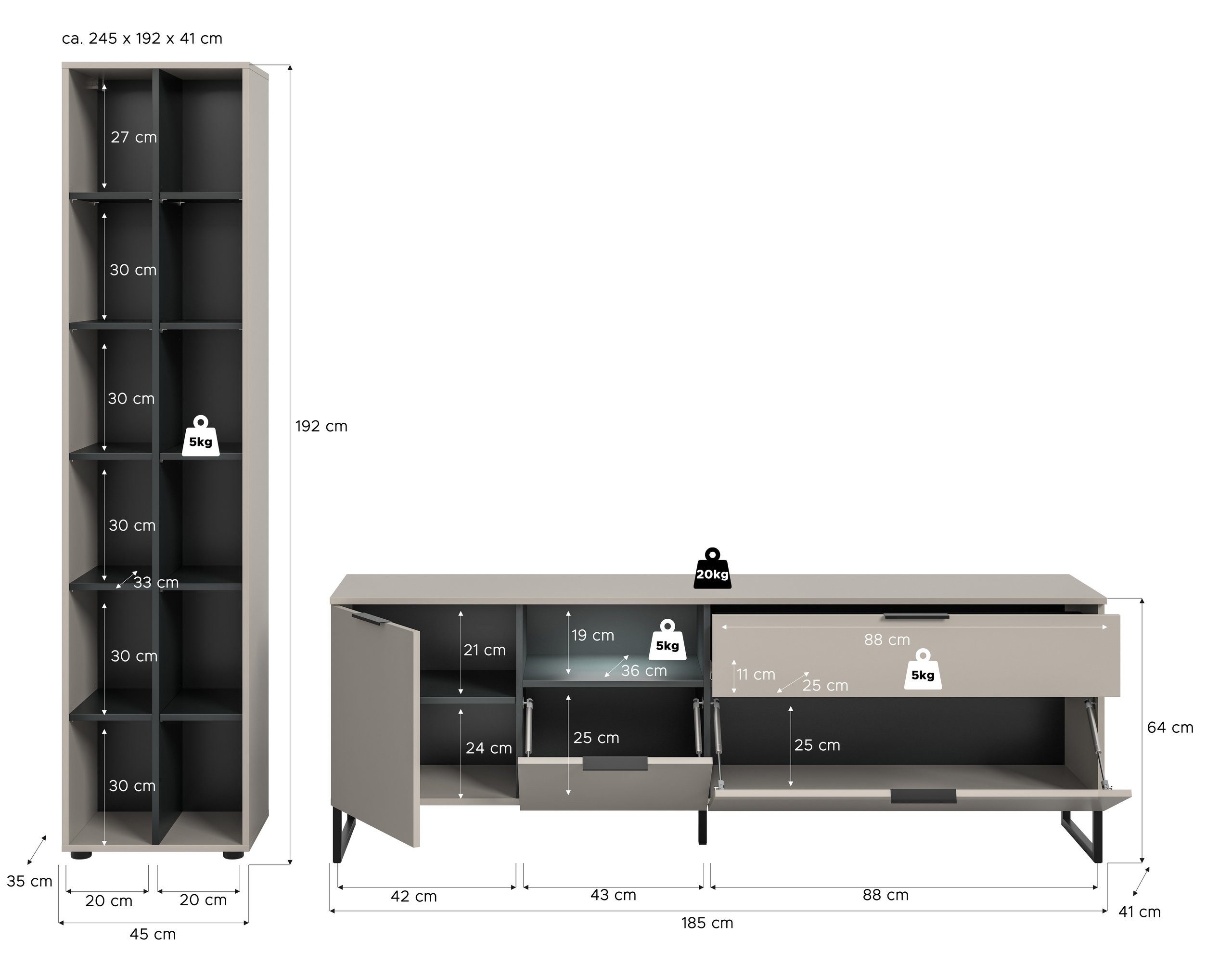 Newroom Wohnwand Kaschmir 245 cm, Wohnwand Kaschmir Modern Wohnzimmerschrank TV Wand Wohnzimmer Schra...