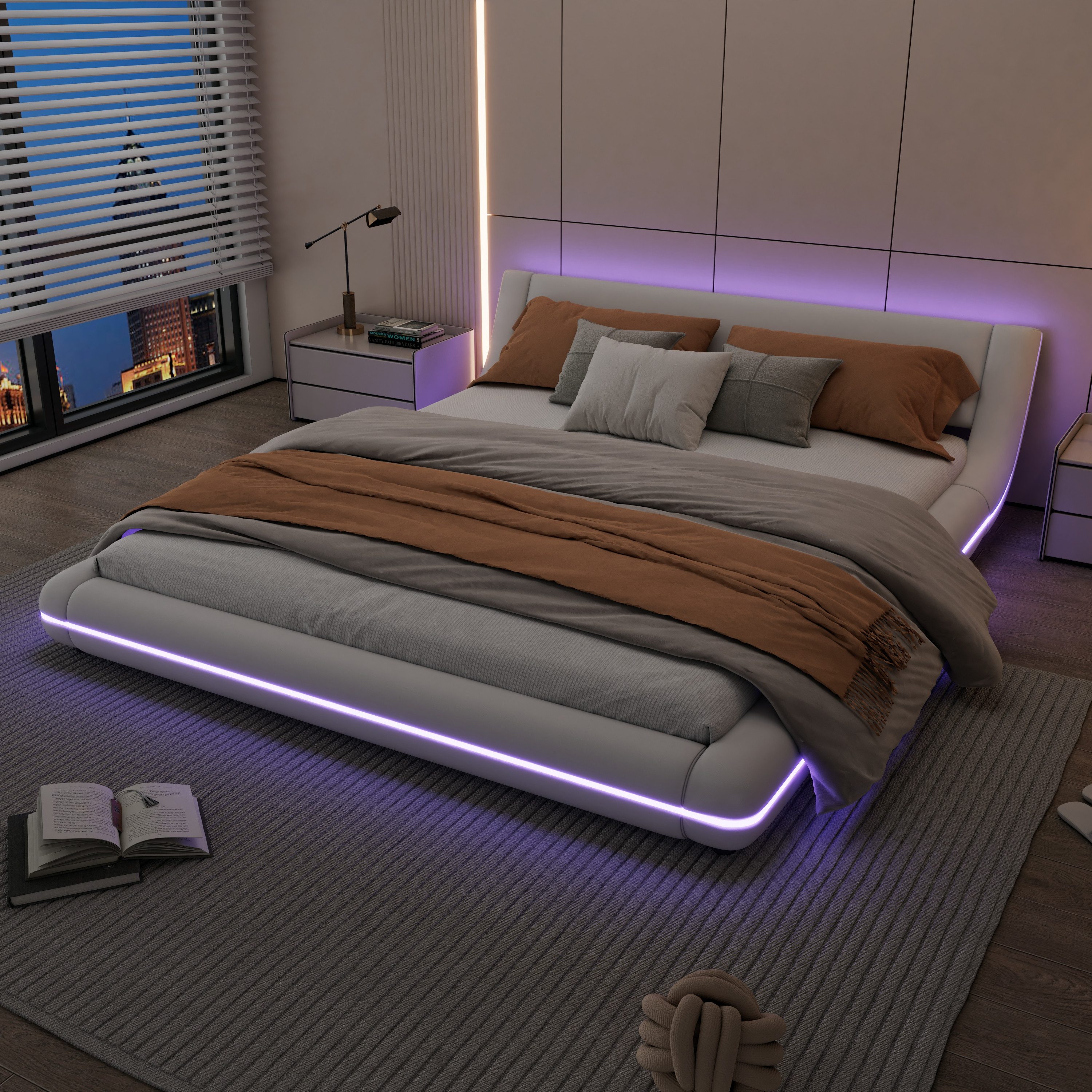 MODFU Polsterbett mit LED-Umgebungsbeleuchtung und 24-Tasten-Fernbedienung (niedriges Bodenbett in elegantem, Doppelbett Kinderbett 160x200 cm), ohne Matratze