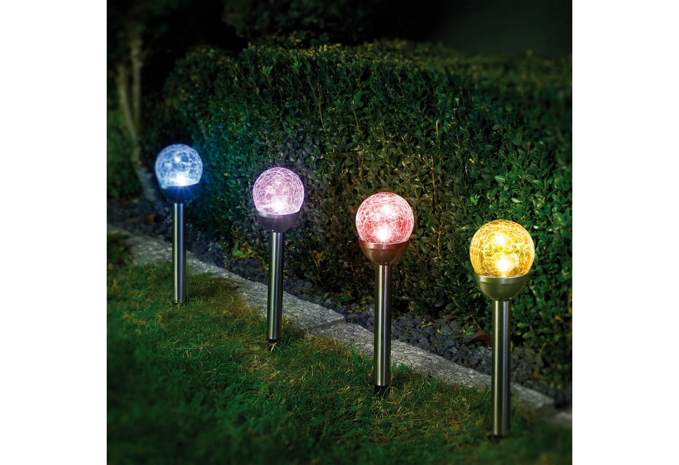 IC Gardenstyle LED Solarleuchte Solarlampen für Außen aus Edelstahl mit Bruchglaskugel, LED fest integriert, moderne Solar Gartenleuchten, kabellos, Bruchglas-Kugel, wetterfest